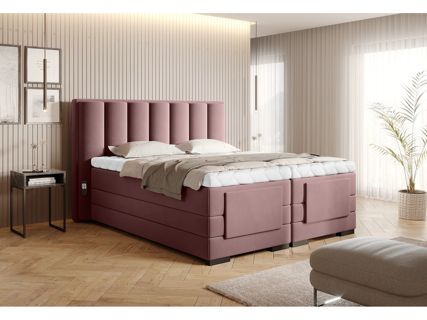 Lit boxspring électrique velours rose poudré avec matelas et surmatelas Arkos-90x200