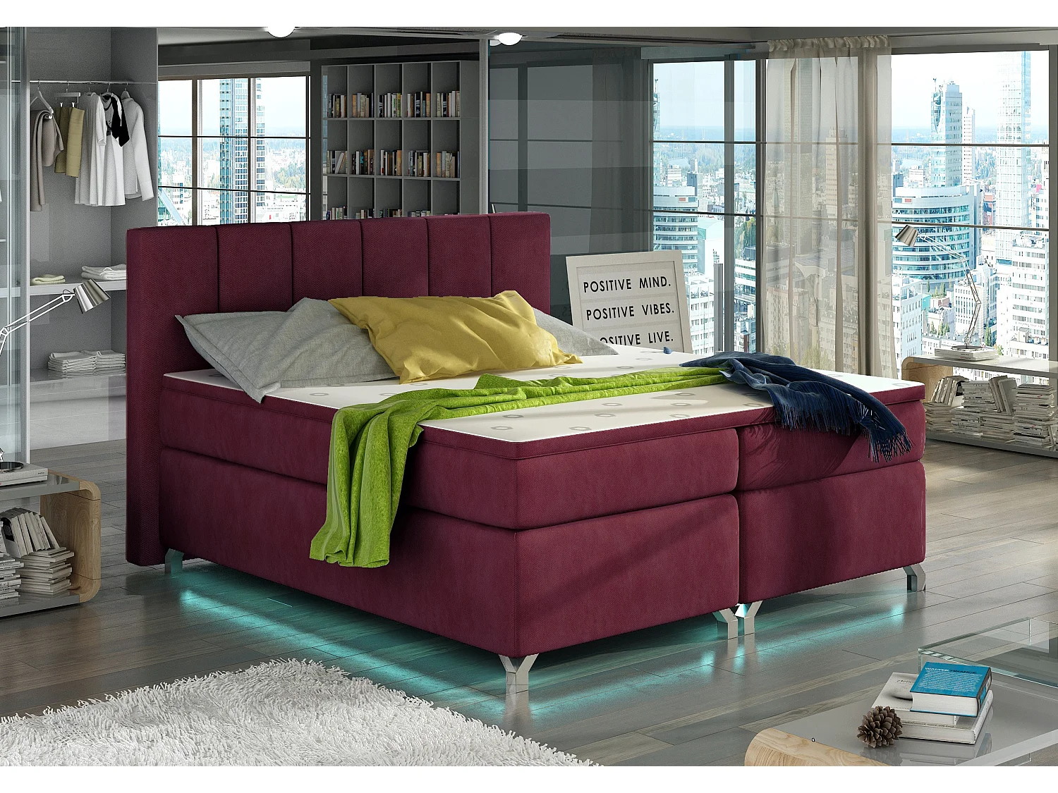 Lit boxspring 160x200 tissu bordeaux Balfor
