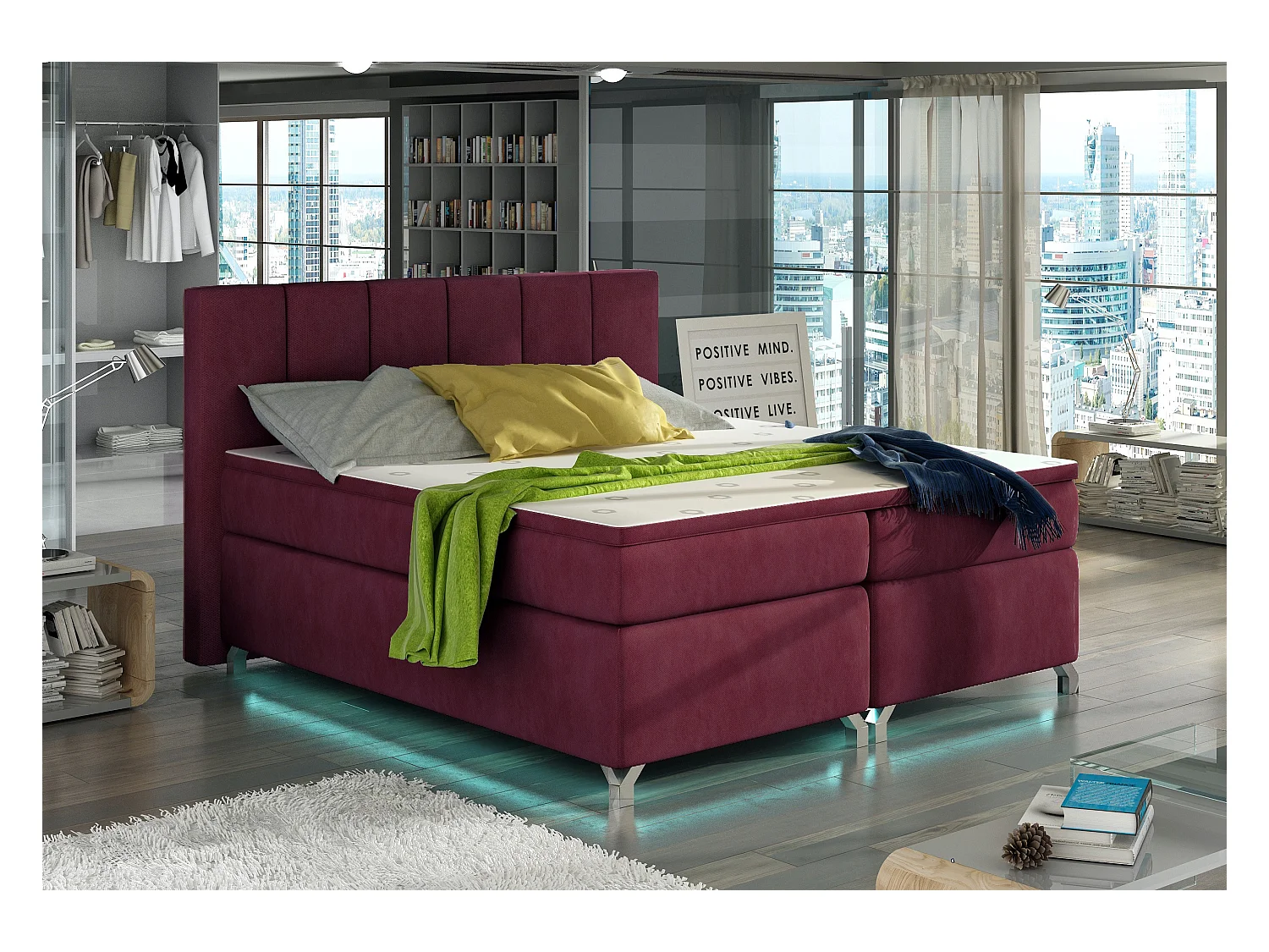 Lit boxspring 160x200 tissu bordeaux Balfor