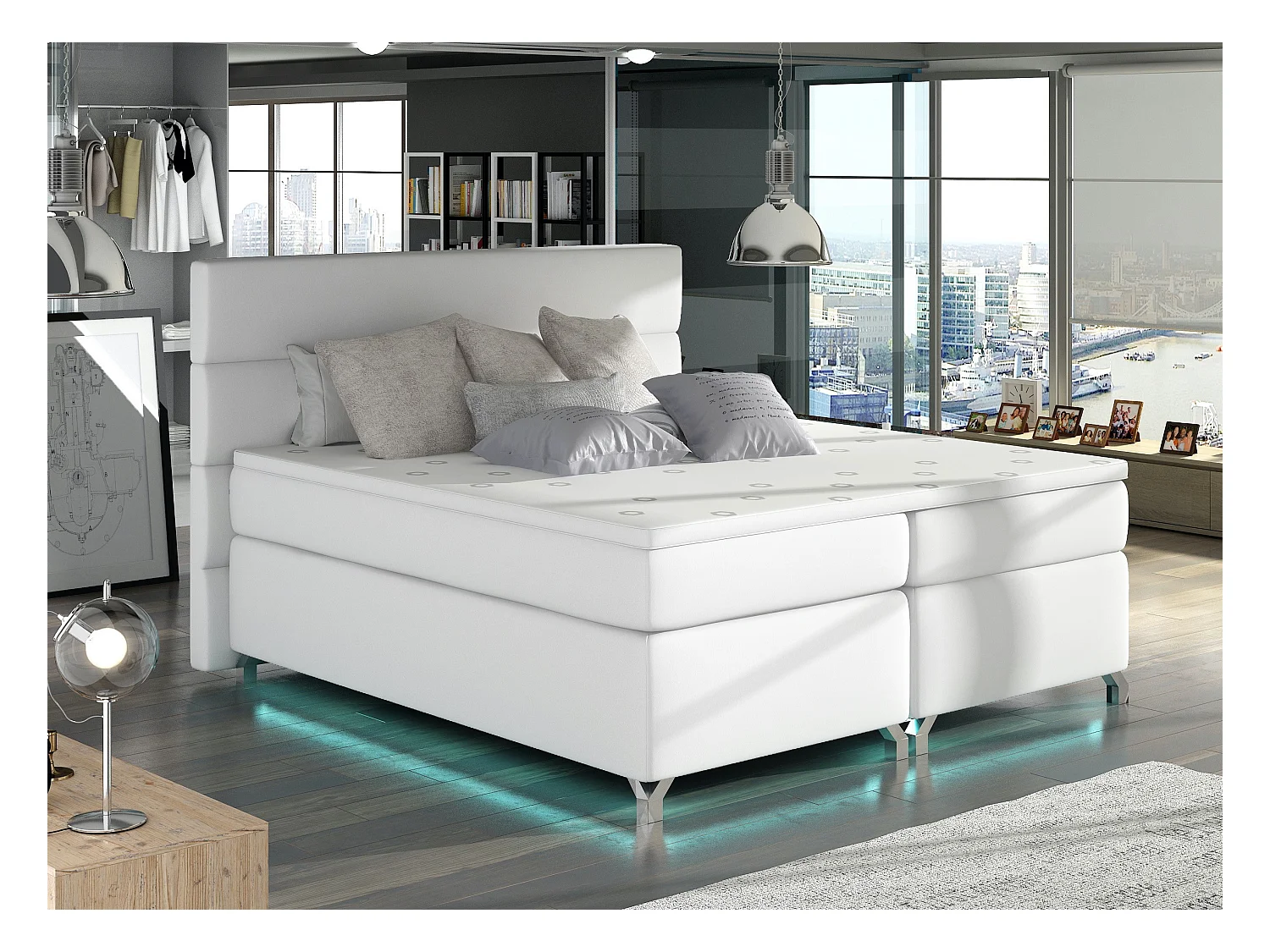 Lit boxspring 180x200 simili cuir blanc Mador