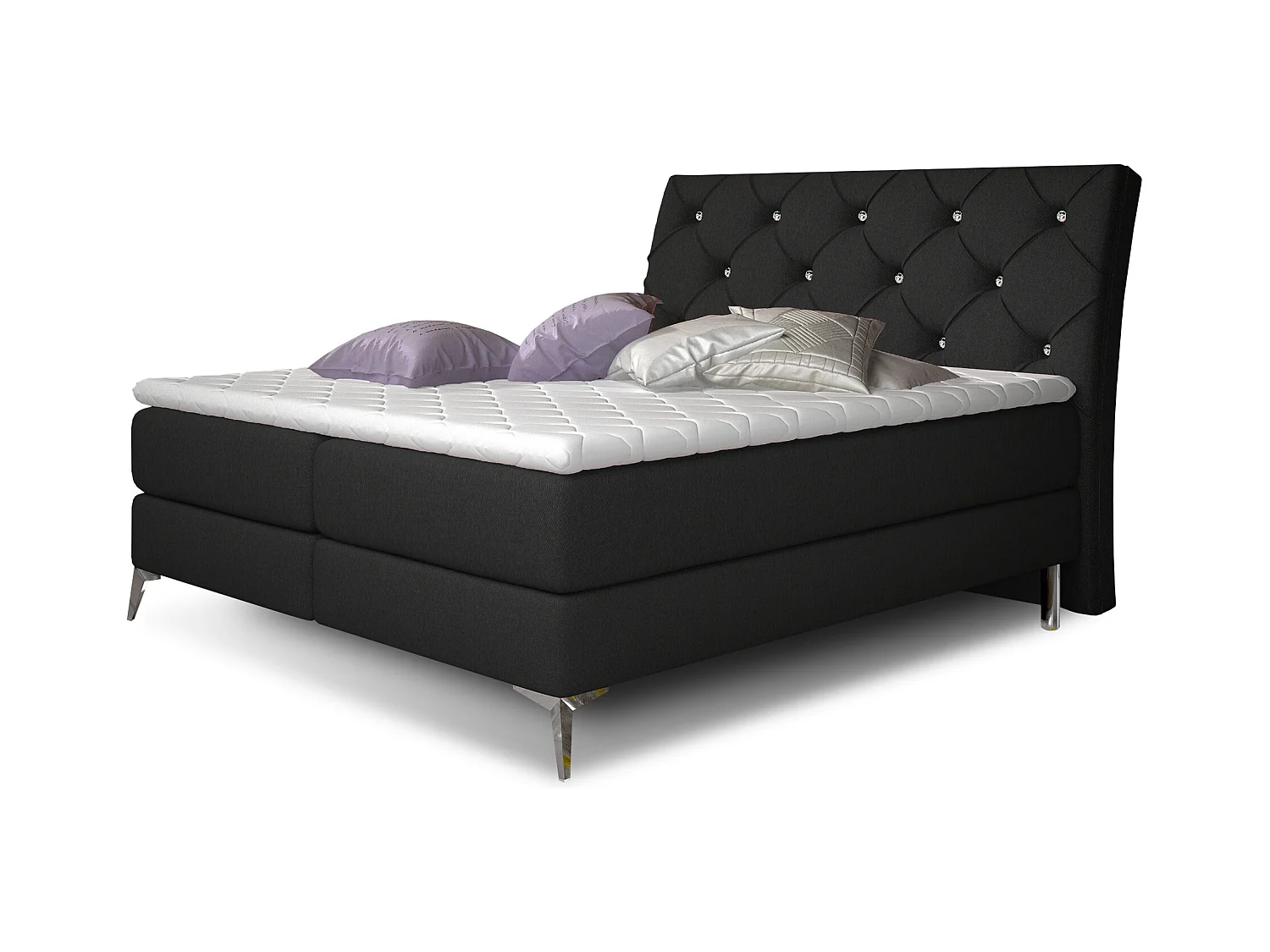 Lit design continental avec tête de lit capitonnée strass tissu noir Banky-160x200