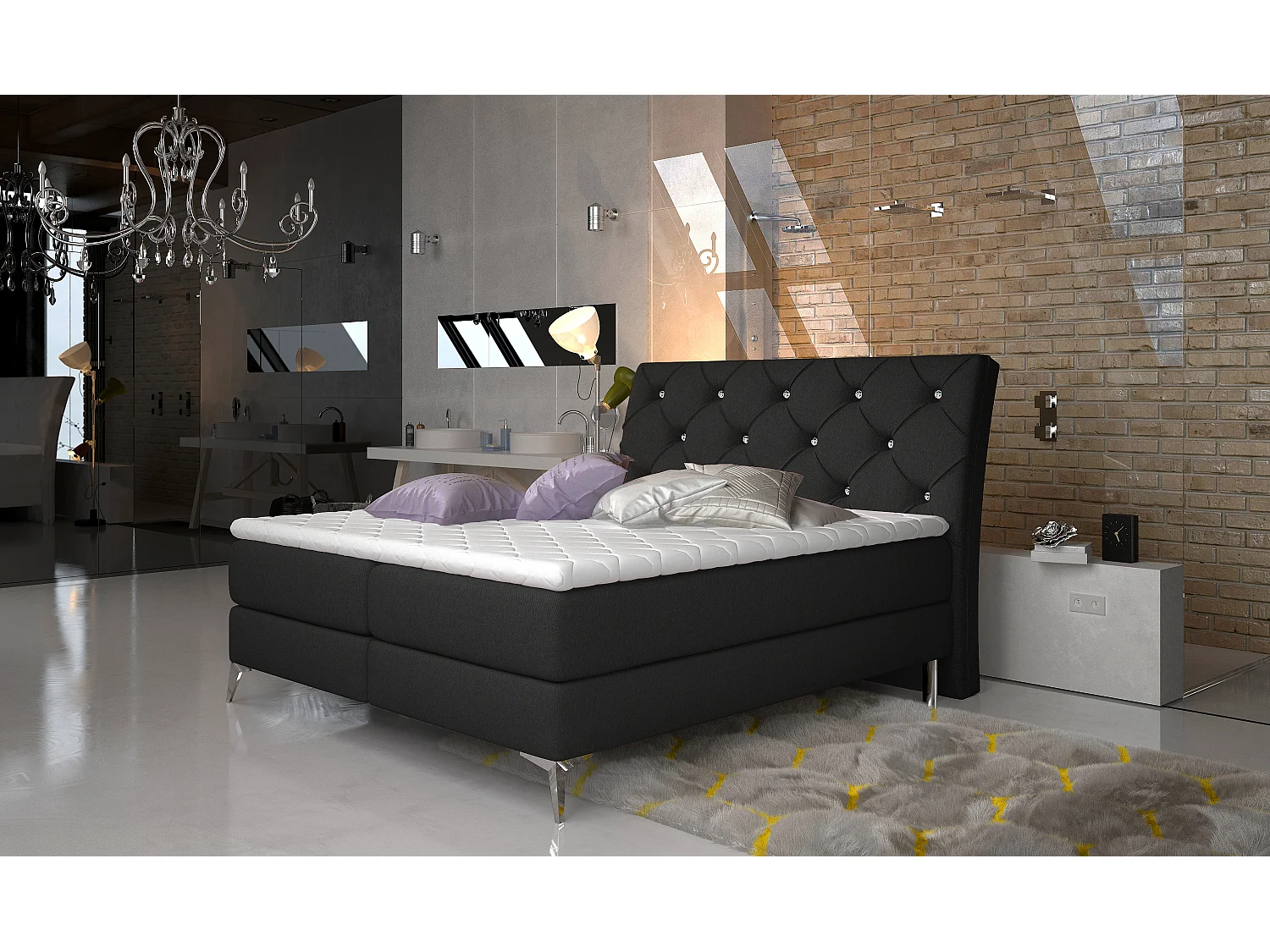 Continental designbed met strass gevoerd hoofdeinde in zwarte Banky-stof-Slapen 160x200cm
