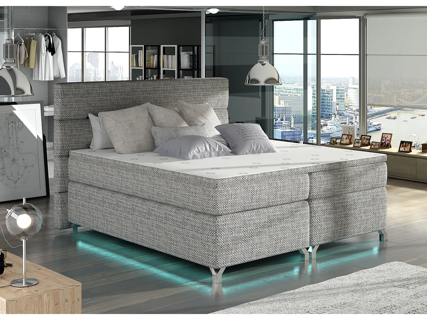 Lit boxspring 140x200 tissu gris clair chiné Mador