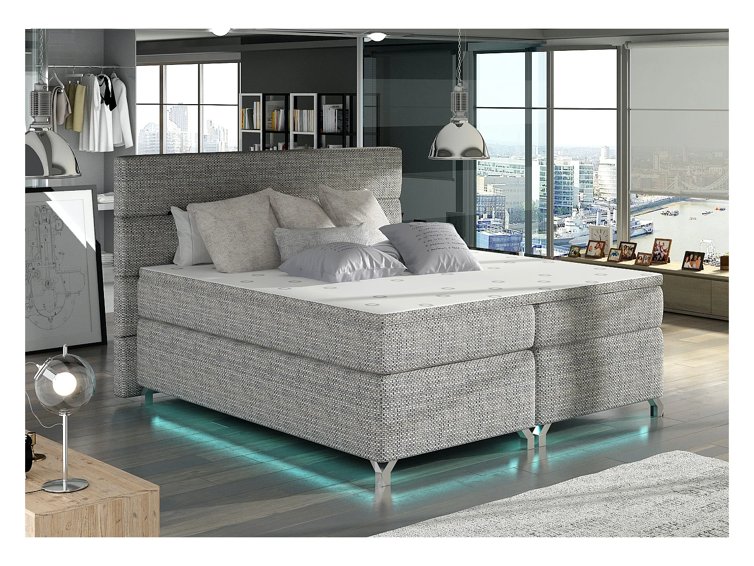 Lit boxspring 140x200 tissu gris clair chiné Mador