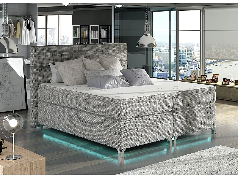 Lit boxspring 140x200 tissu gris clair chiné Mador