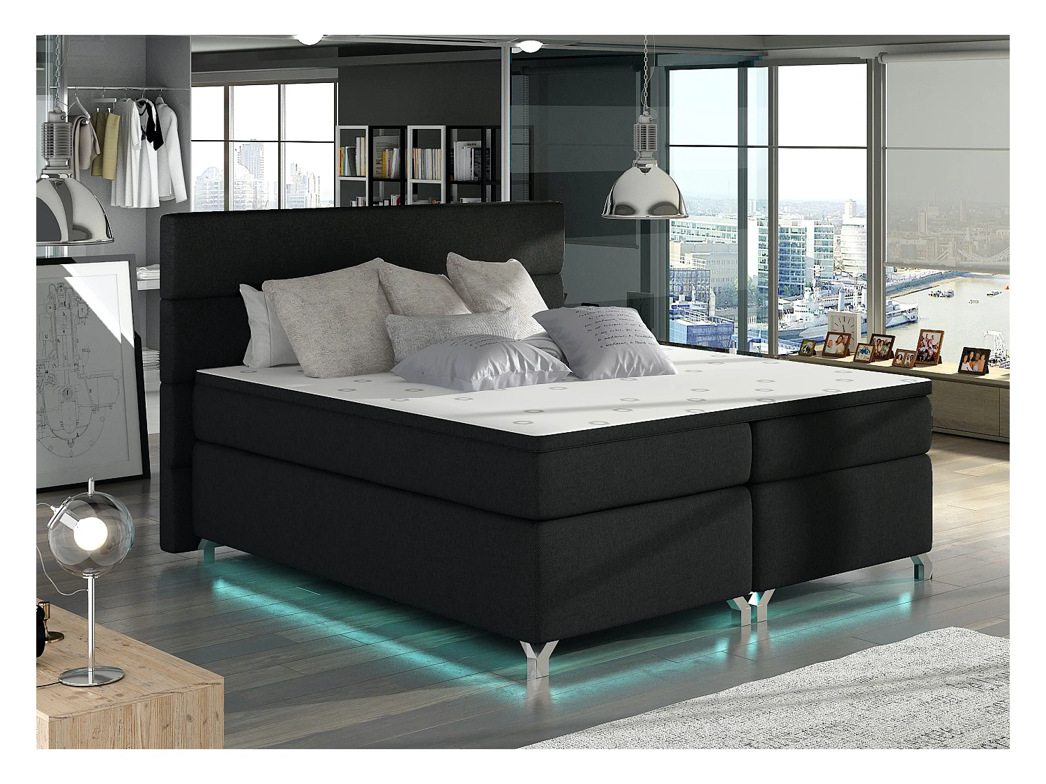 Lit boxspring 140x200 tissu noir Mador
