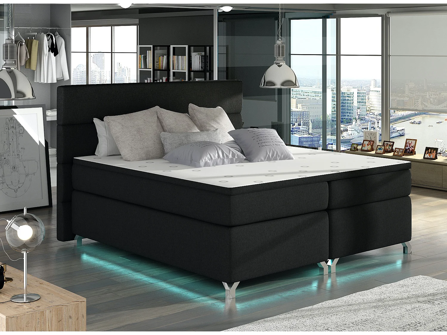 Lit boxspring 140x200 tissu noir Mador