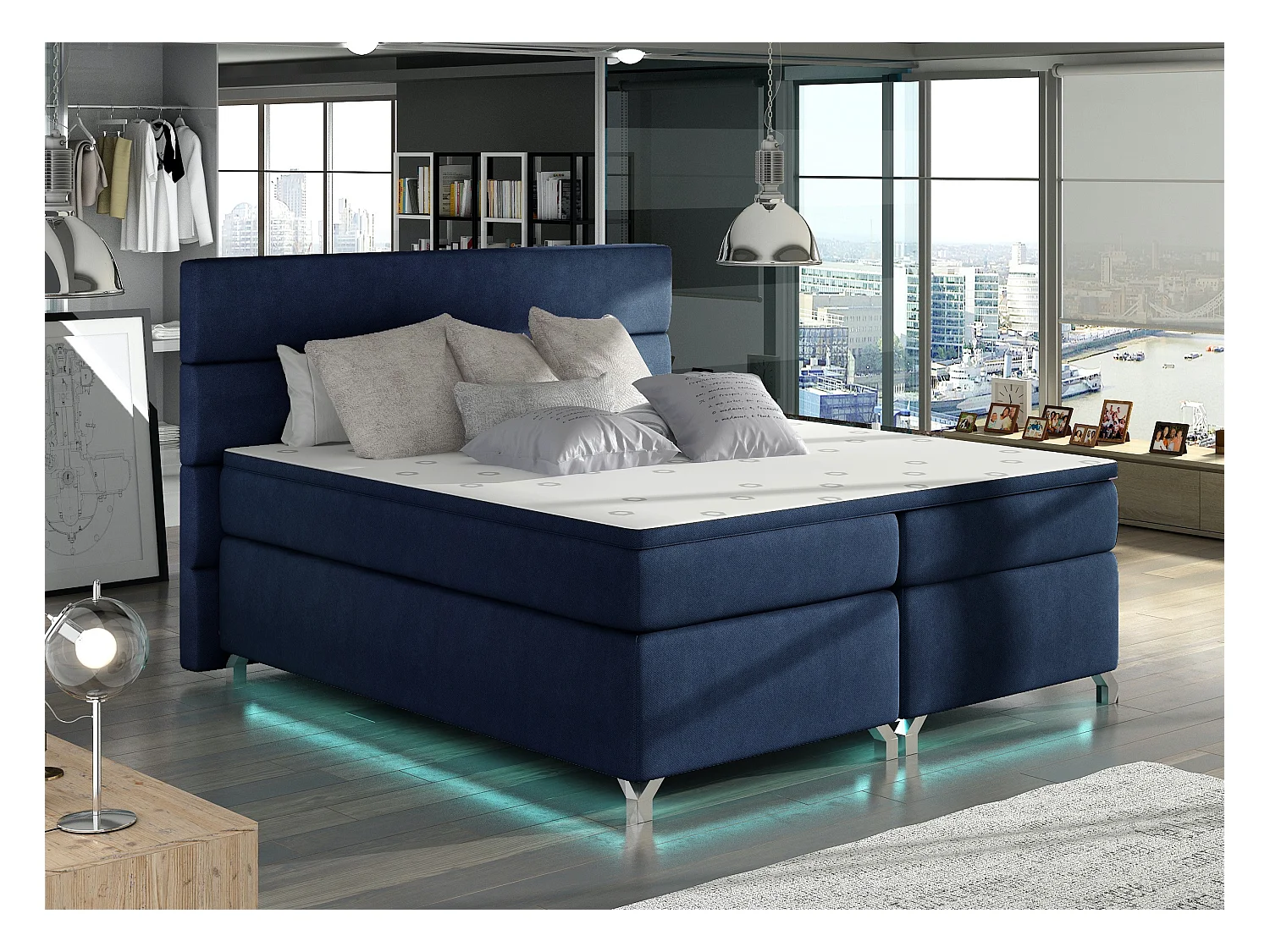 Lit boxspring 140x200 tissu bleu foncé Mador