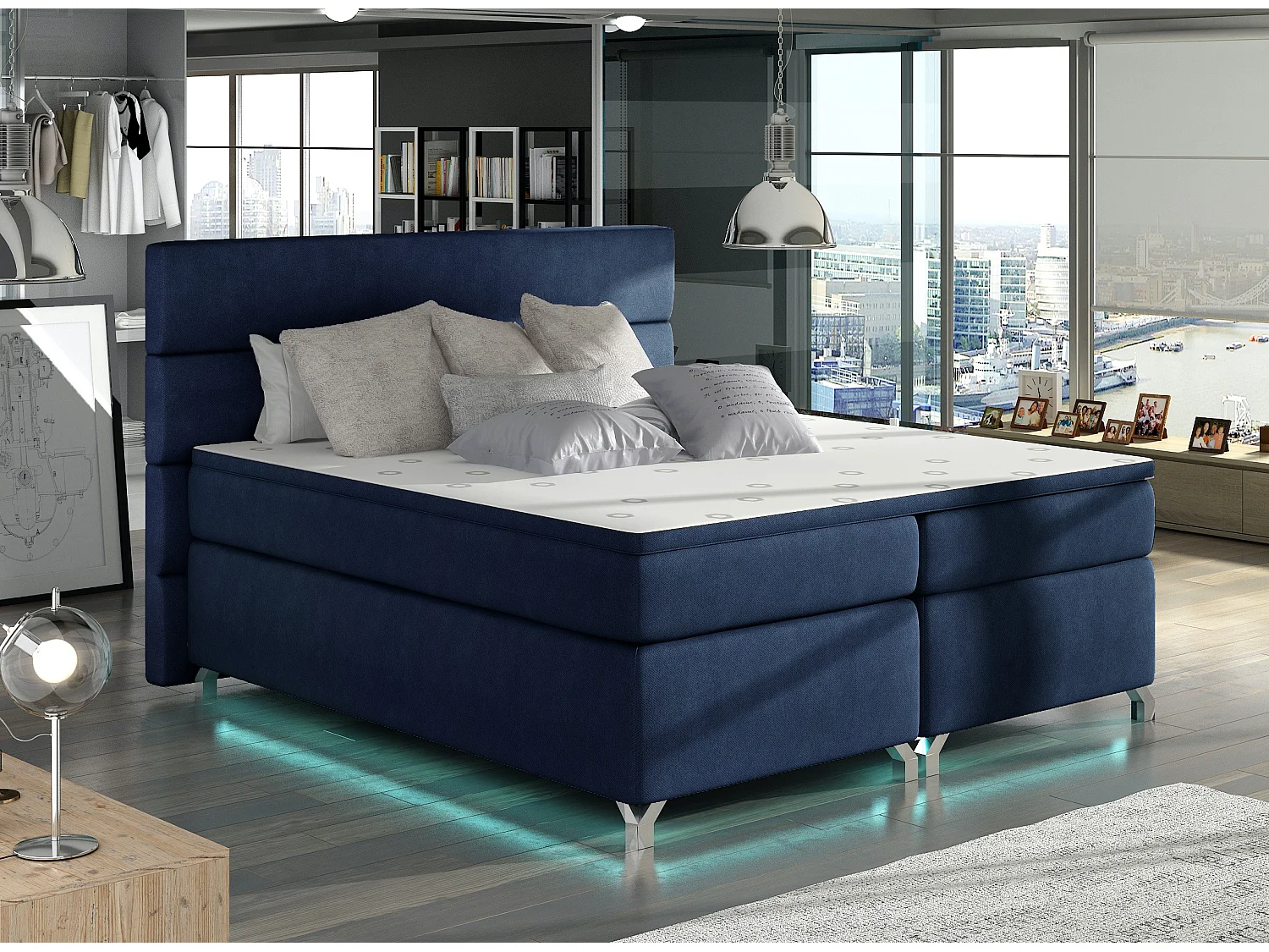Lit boxspring 140x200 tissu bleu foncé Mador