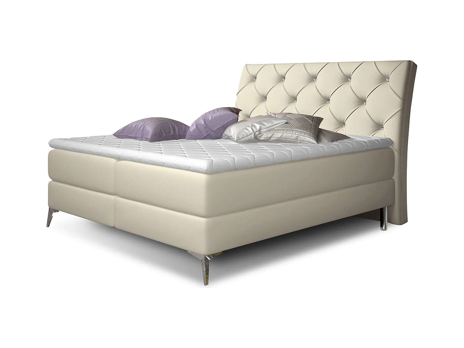 Lit design continental avec tête de lit capitonnée strass simili cuir beige clair Banky-160x200