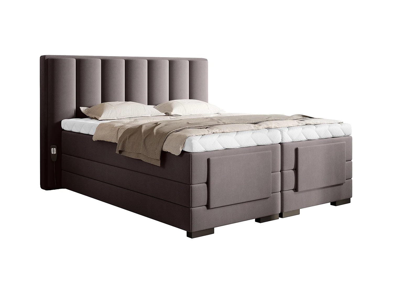 Lit boxspring électrique tissu marron clair avec matelas et surmatelas Arkos-140x200