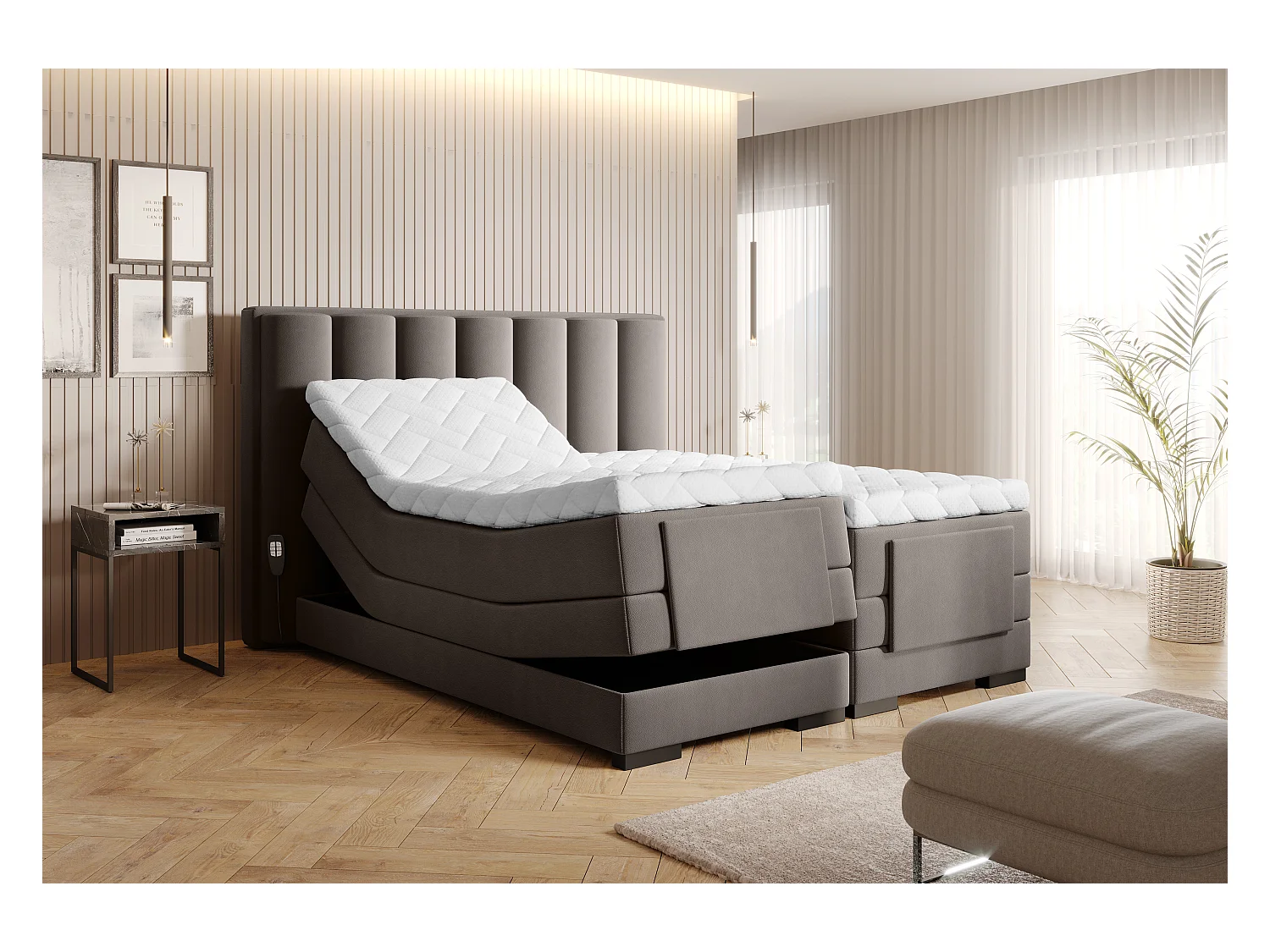 Lit boxspring électrique tissu marron clair avec matelas et surmatelas Arkos-140x200