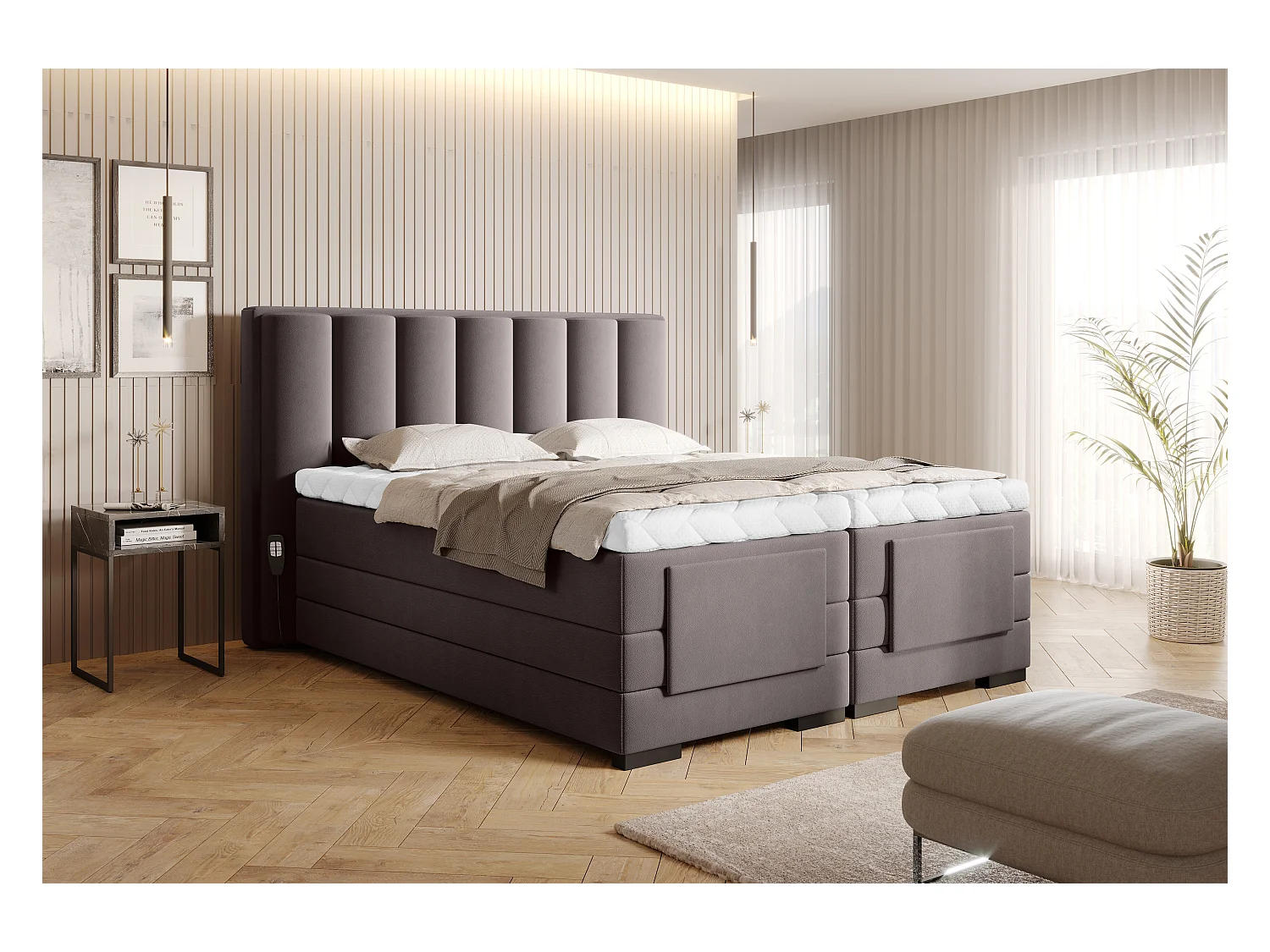 Lit boxspring électrique tissu marron clair avec matelas et surmatelas Arkos-140x200