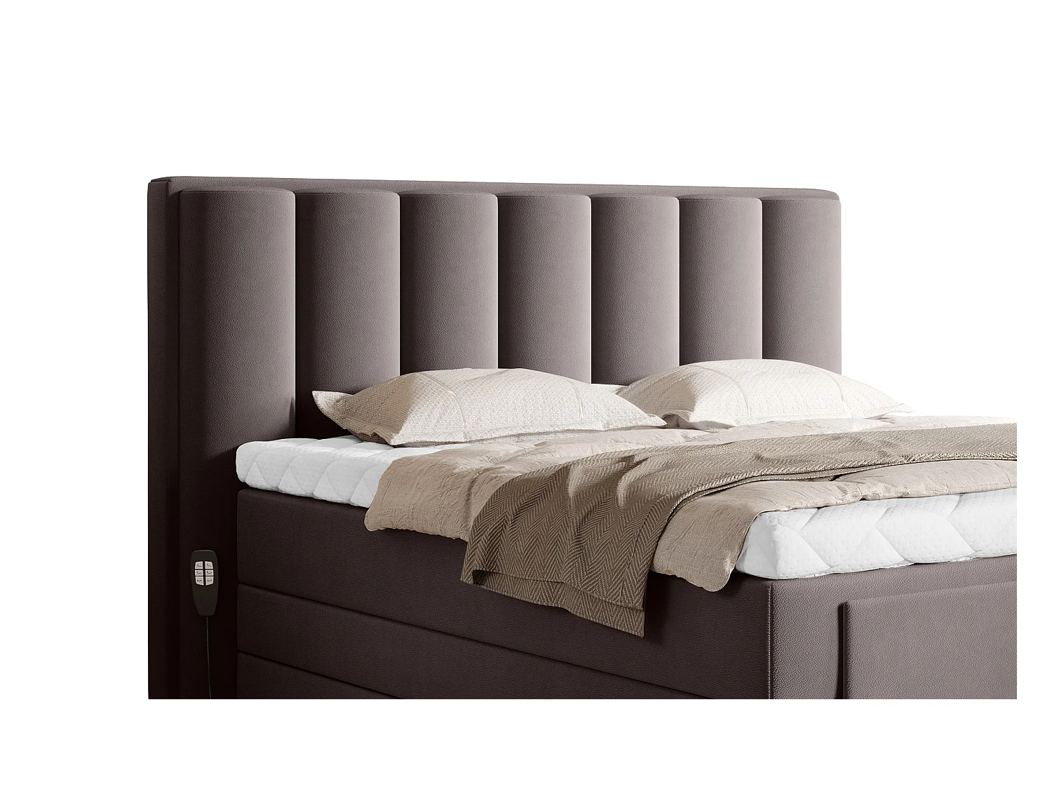 Lit boxspring électrique tissu marron clair avec matelas et surmatelas Arkos-140x200
