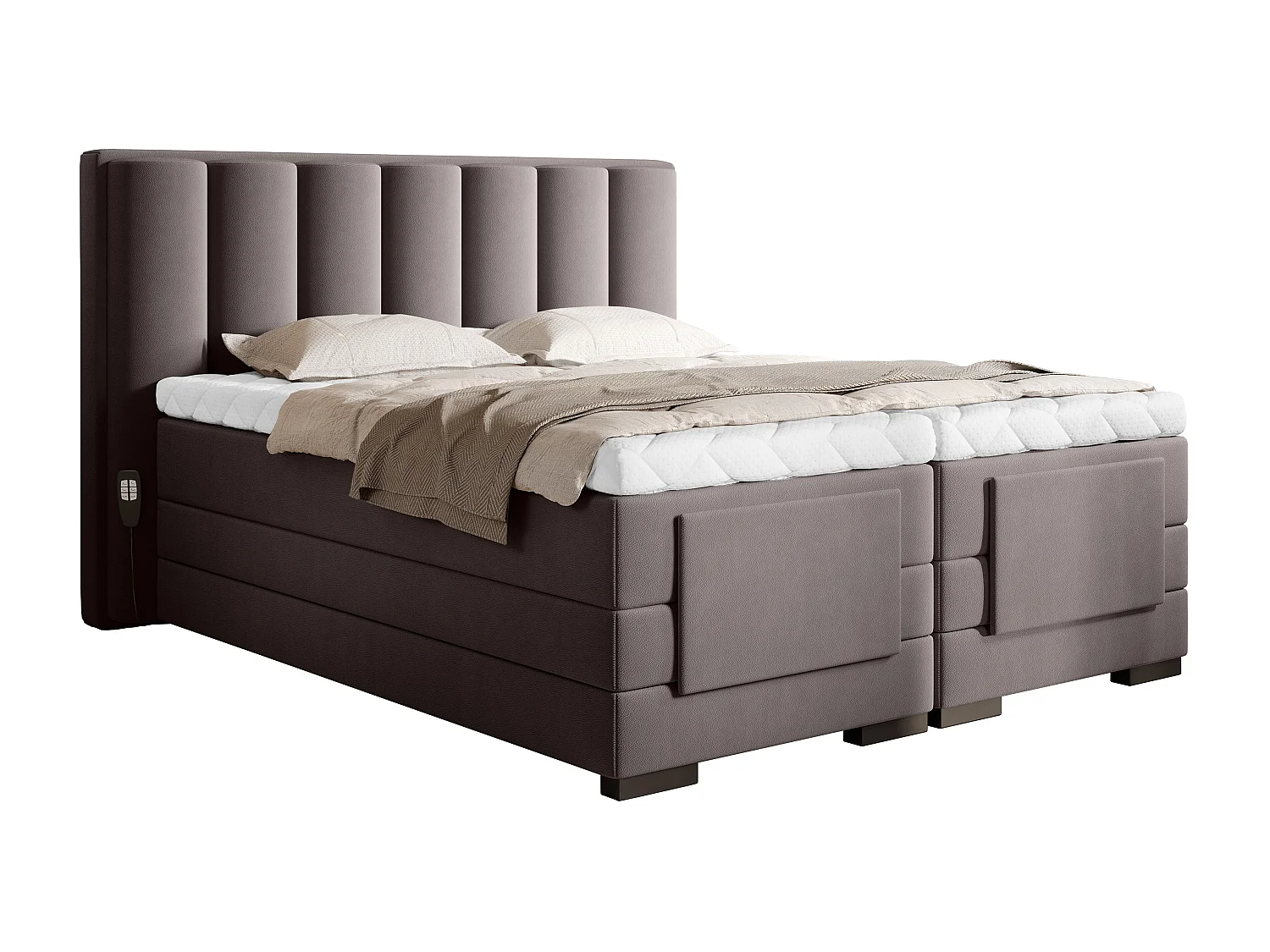 Lit boxspring électrique tissu marron clair avec matelas et surmatelas Arkos-140x200