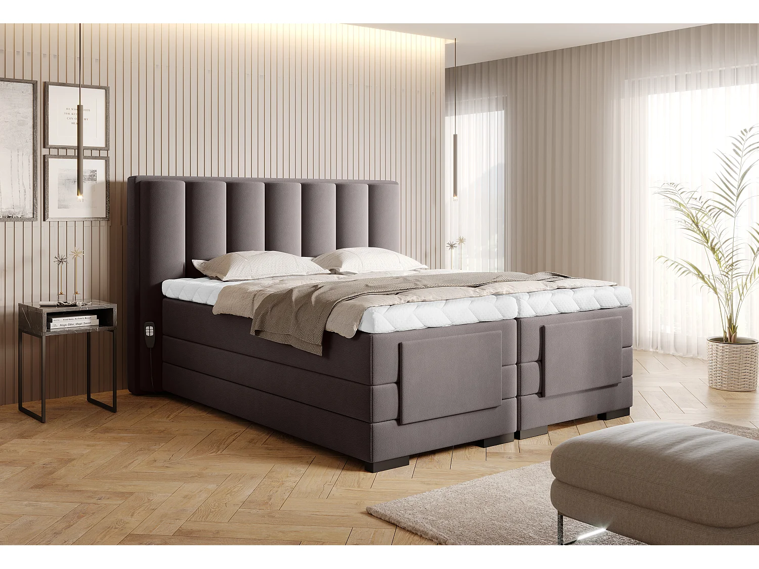 Lit boxspring électrique tissu marron clair avec matelas et surmatelas Arkos-140x200