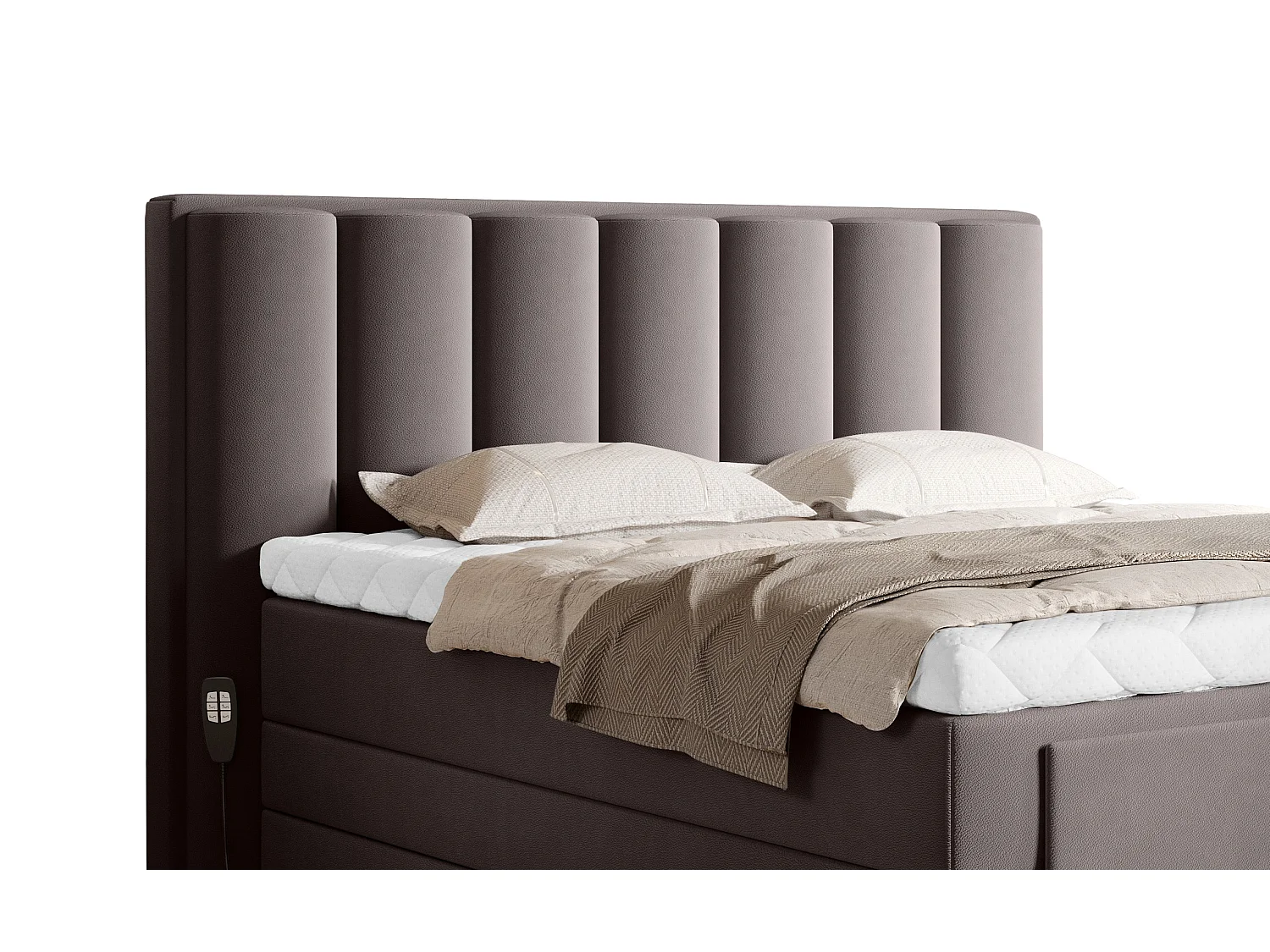 Lit boxspring électrique tissu marron clair avec matelas et surmatelas Arkos-140x200