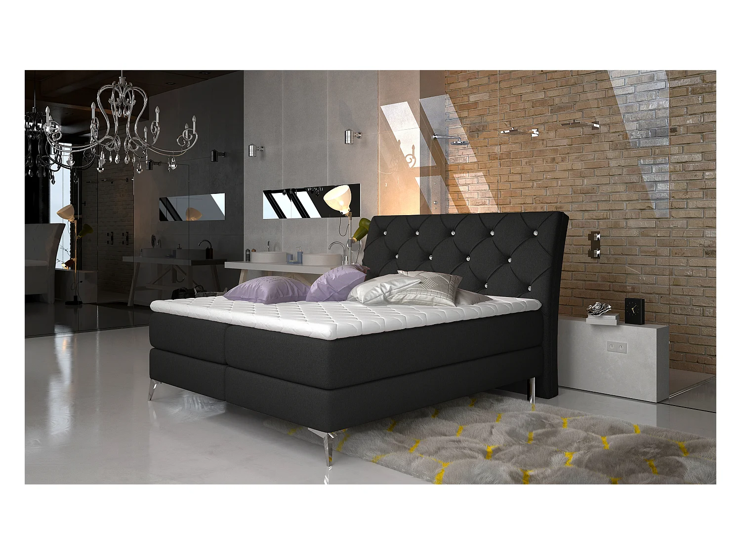 Continental designbed met strass gevoerd hoofdeinde in zwarte Banky-stof-Slapen 140x200cm