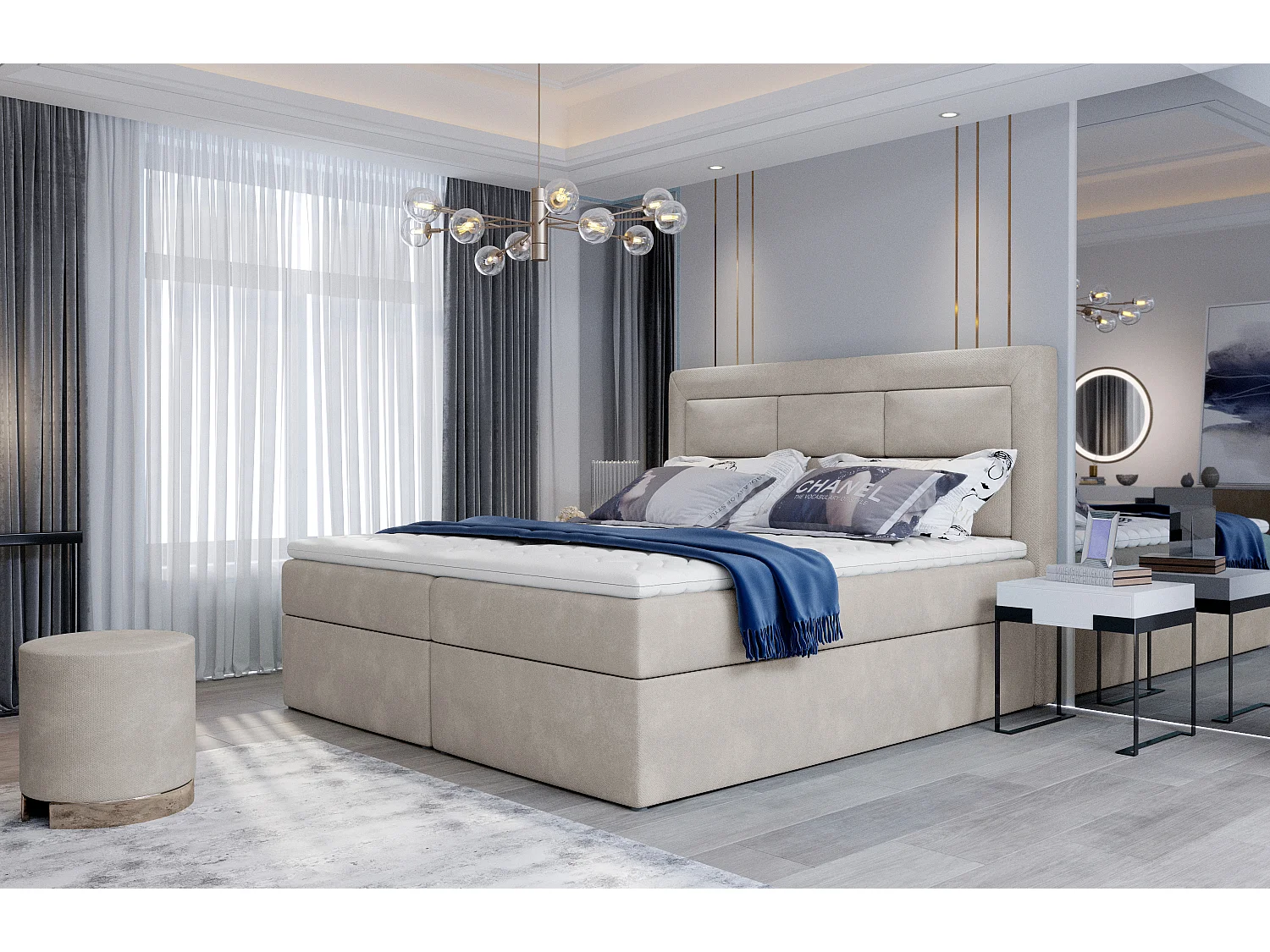 Lit continental velours beige Balore-Couchage 140x200 cm