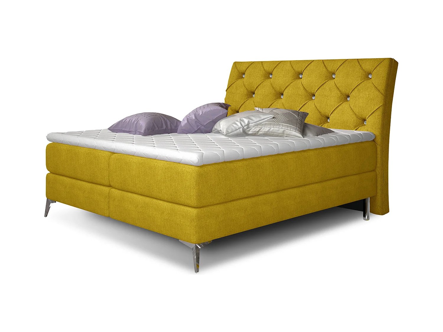 Lit design continental avec tête de lit capitonnée strass tissu jaune olive Banky-140x200