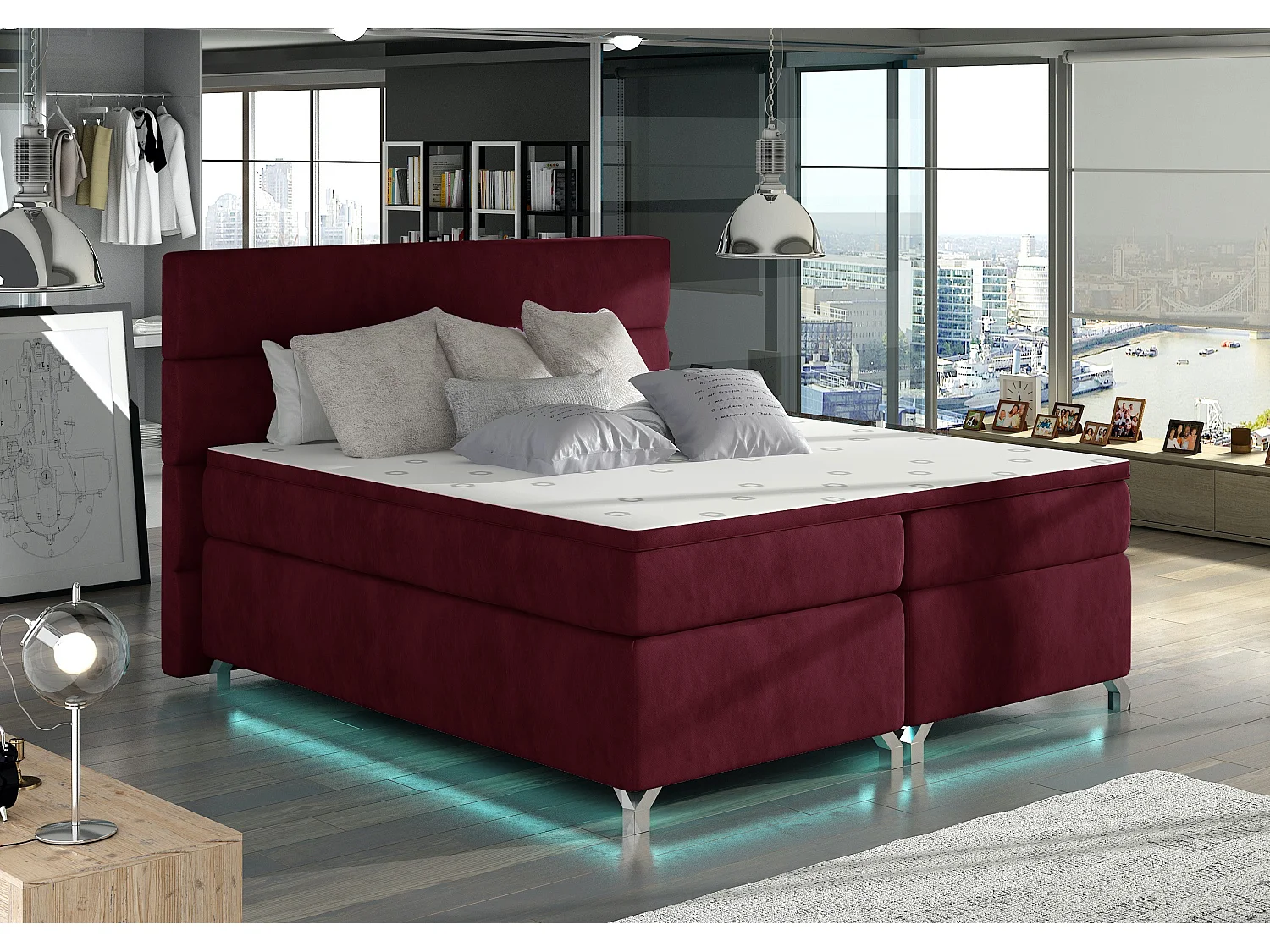 Lit boxspring 160x200 tissu bordeaux Mador