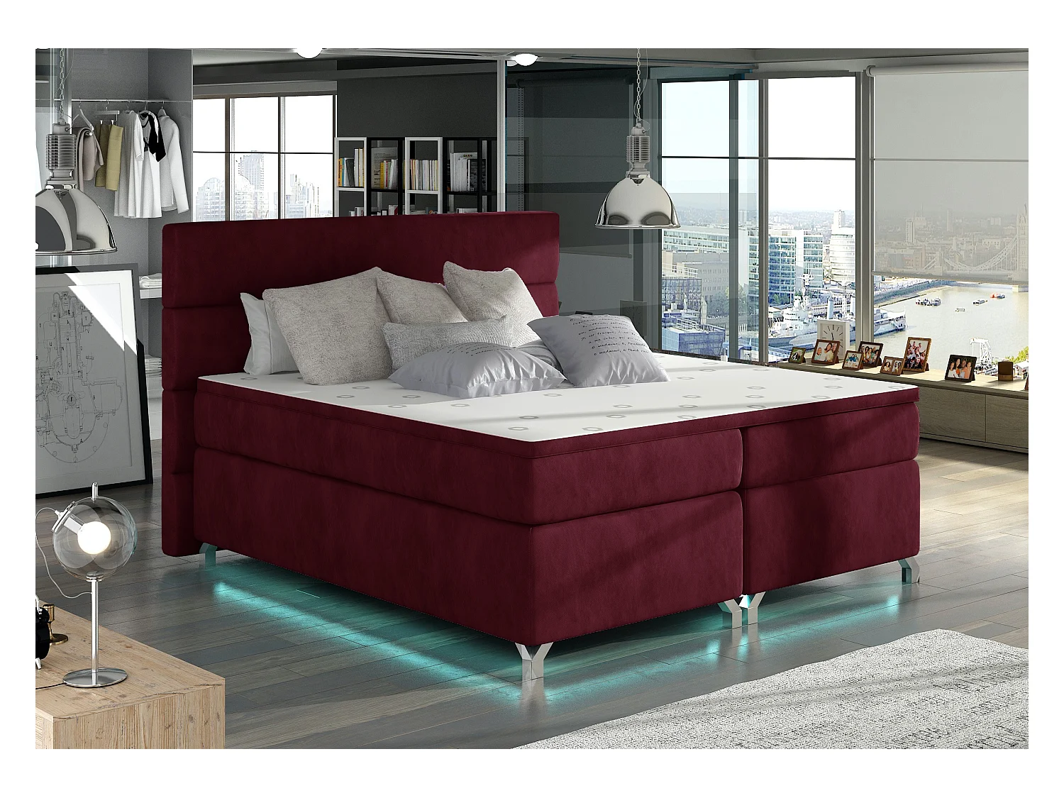 Lit boxspring 160x200 tissu bordeaux Mador