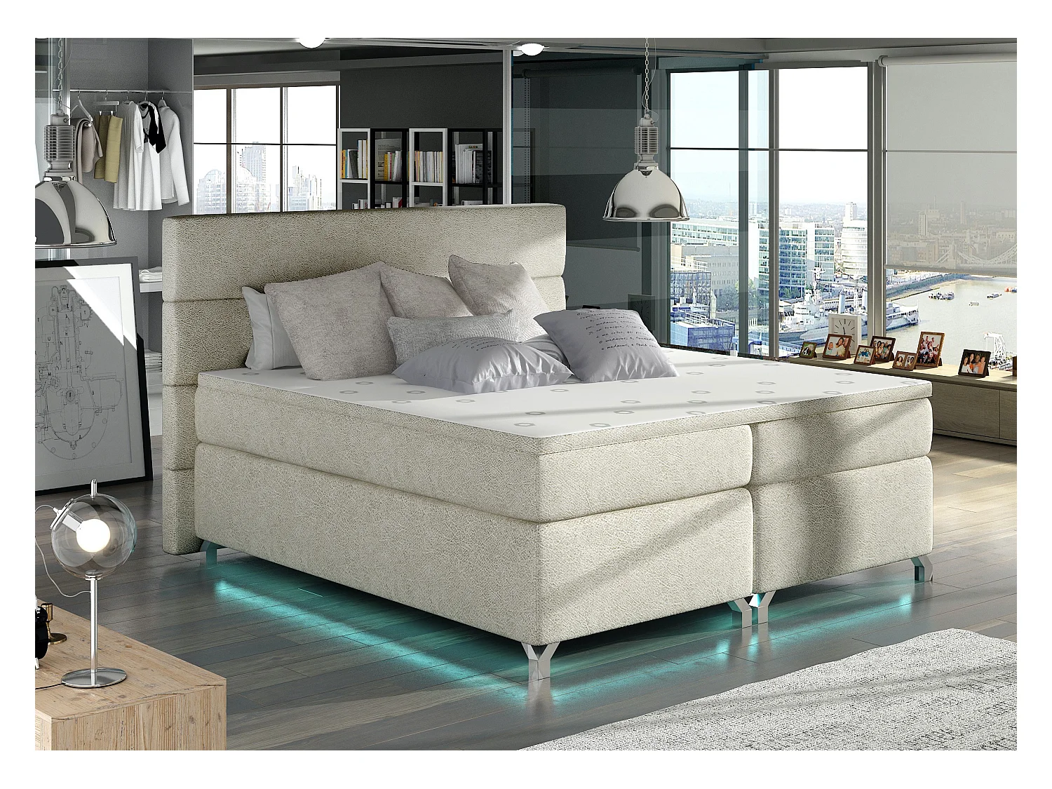 Lit boxspring 180x200 tissu crème Mador