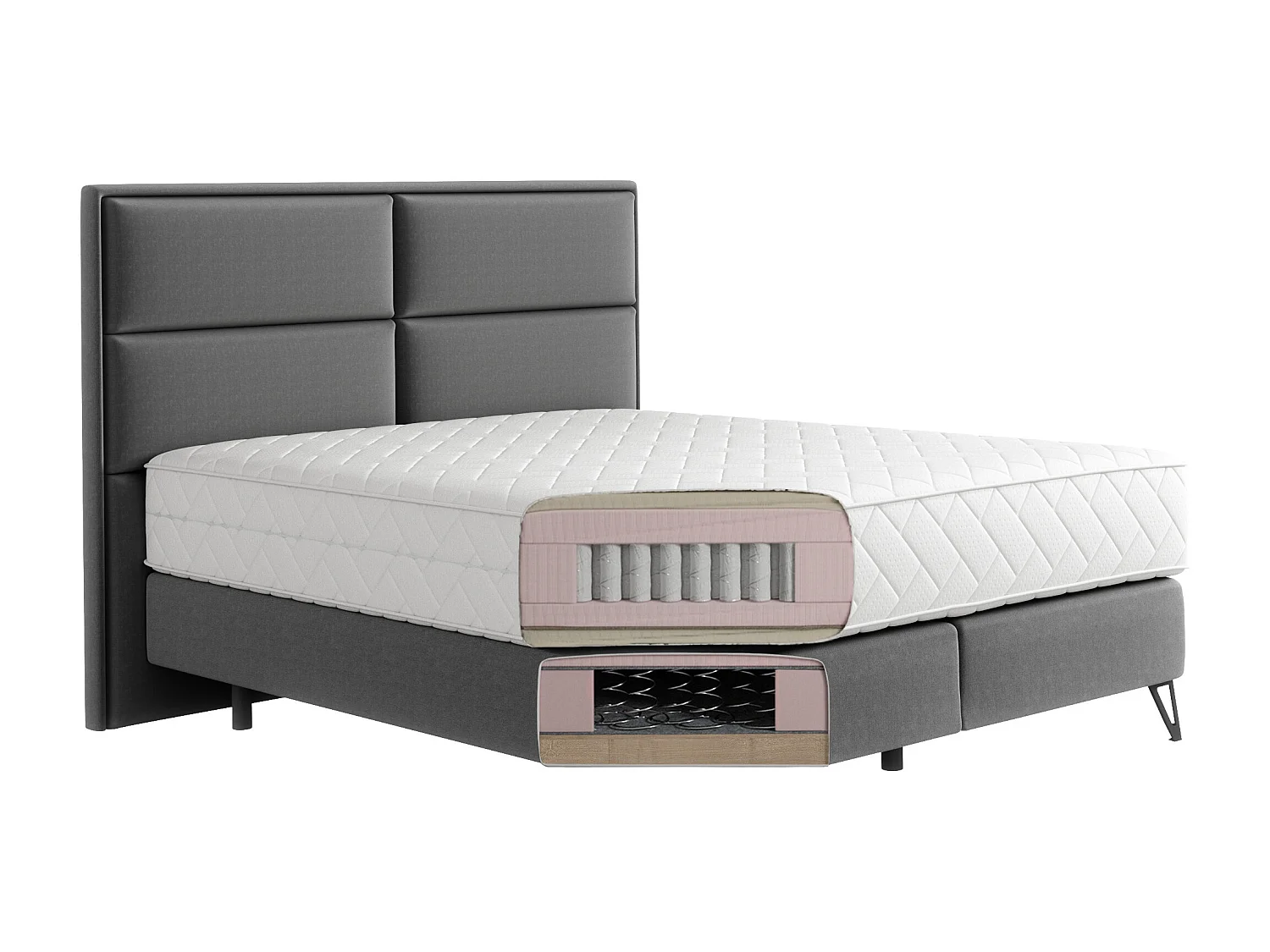 Lit continental tissu rose Tiempo avec matelas 30cm en latex et pied métal noir-160x200