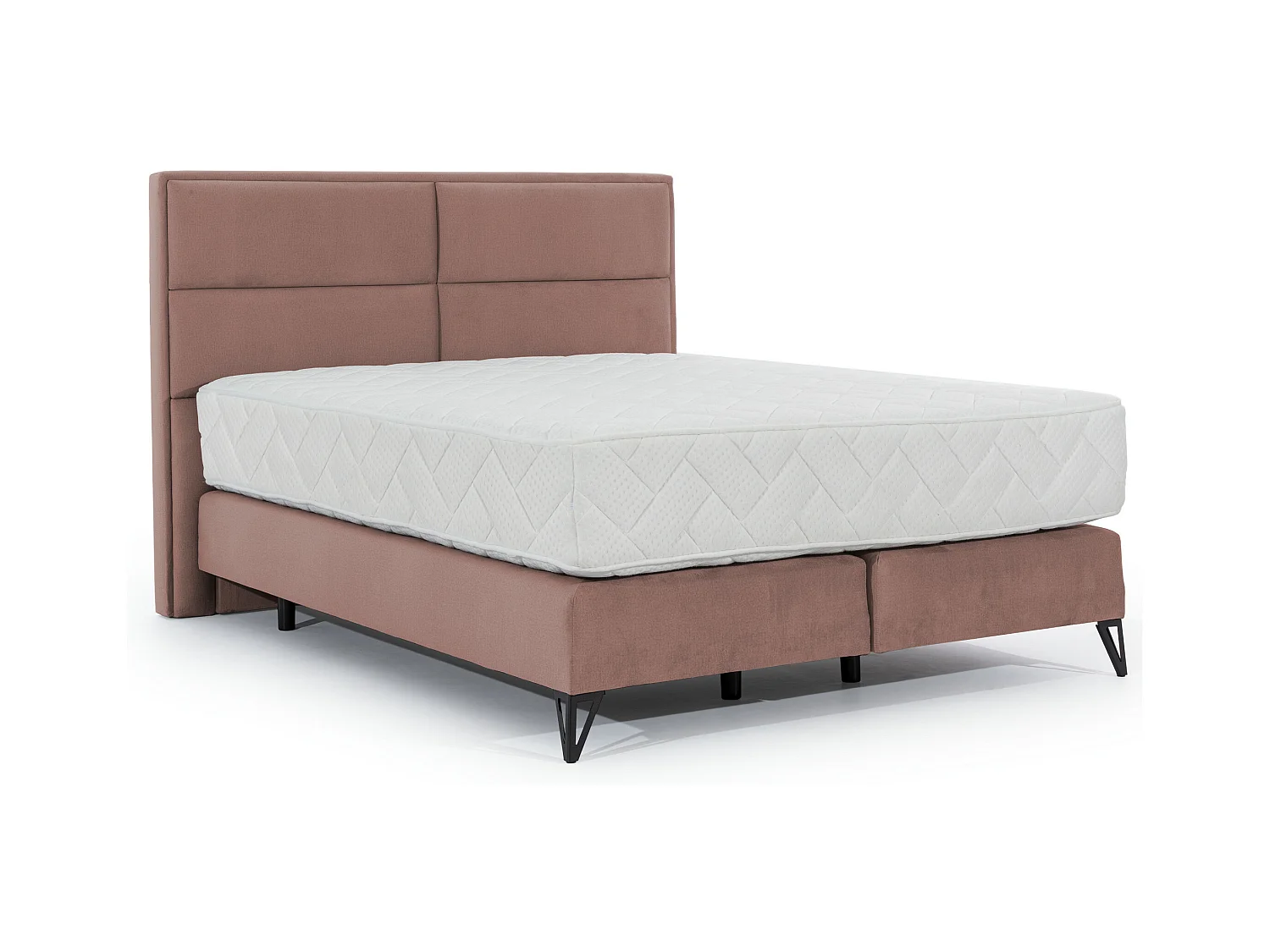 Lit continental tissu rose Tiempo avec matelas 30cm en latex et pied métal noir-160x200
