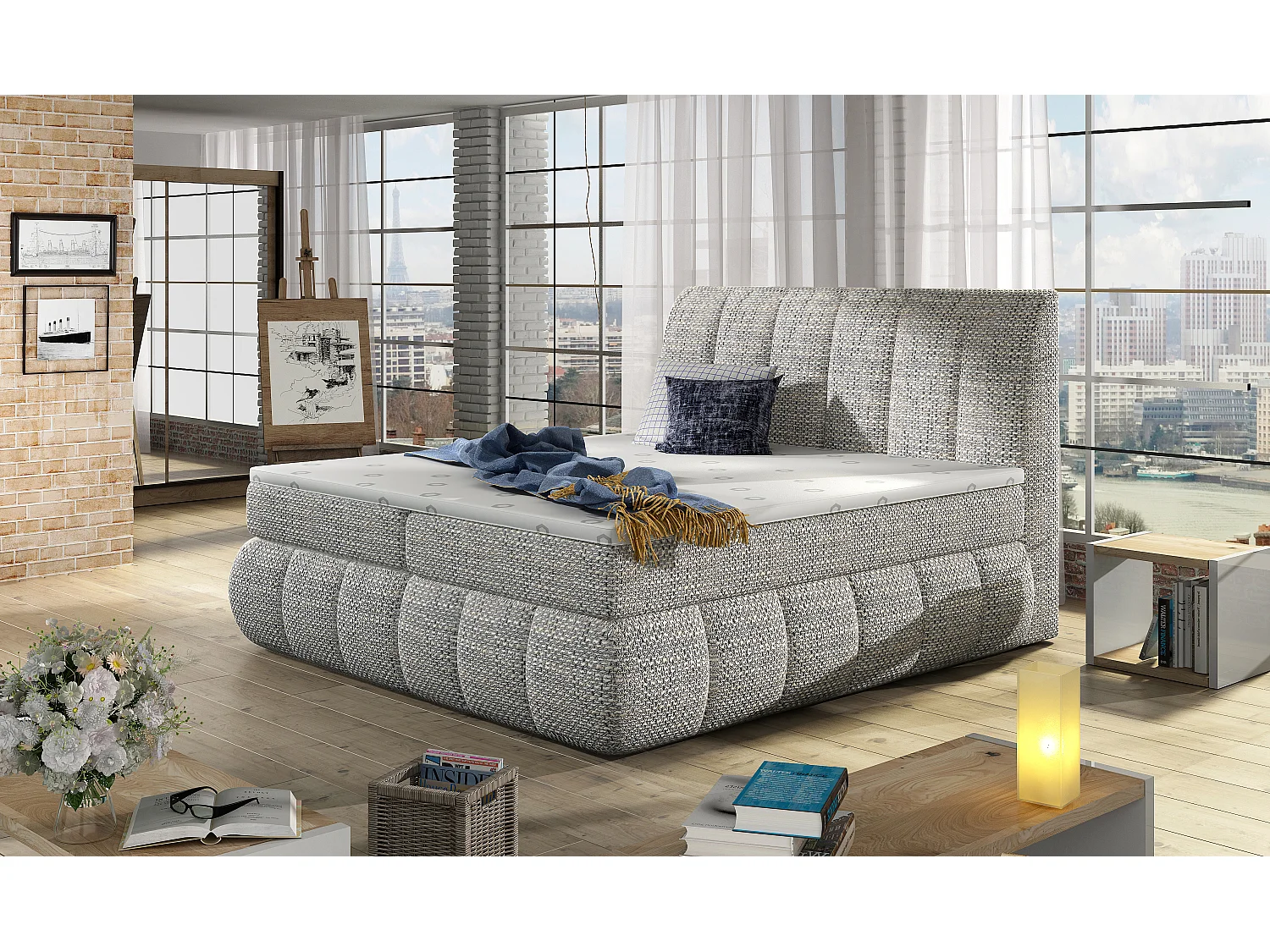 Lit continental matelassé tissu gris clair chiné Florencia-160x200