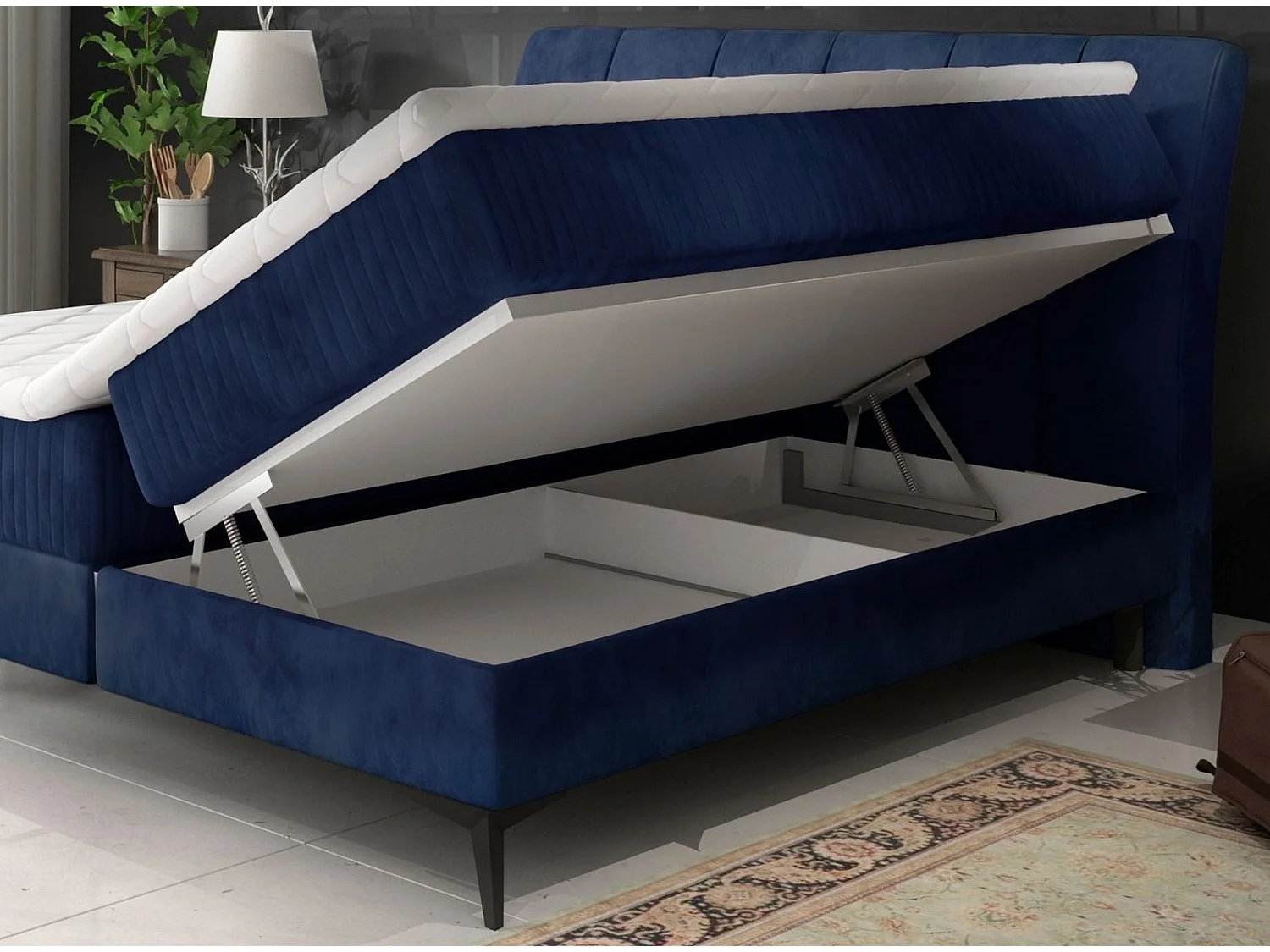 Lit continental moderne avec matelas velours bleu Brato-140x200