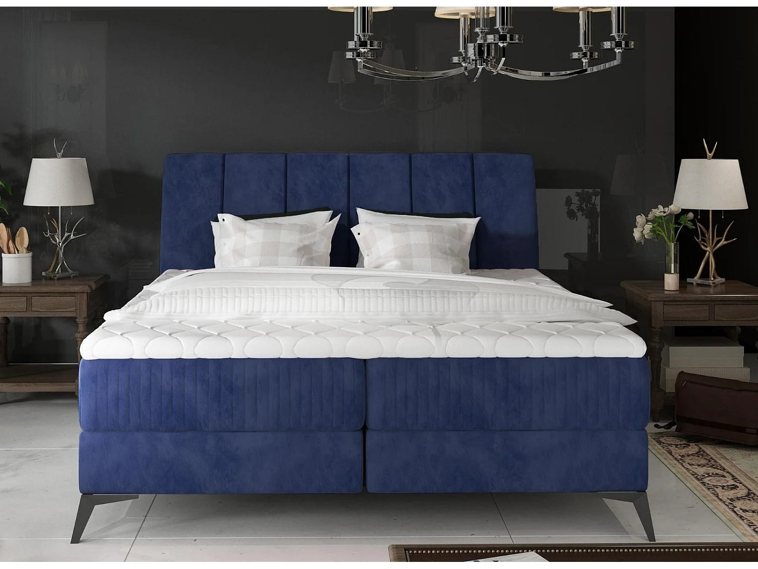 Lit continental moderne avec matelas velours bleu Brato-140x200