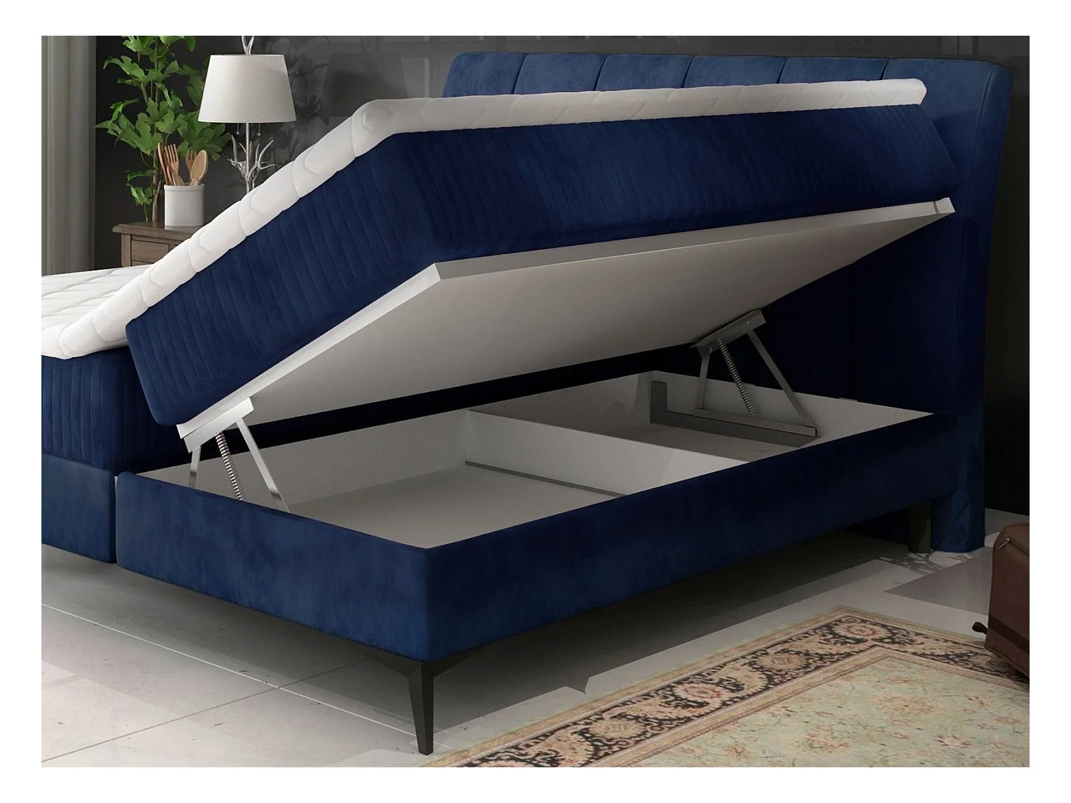 Lit continental moderne avec matelas velours bleu Brato-140x200
