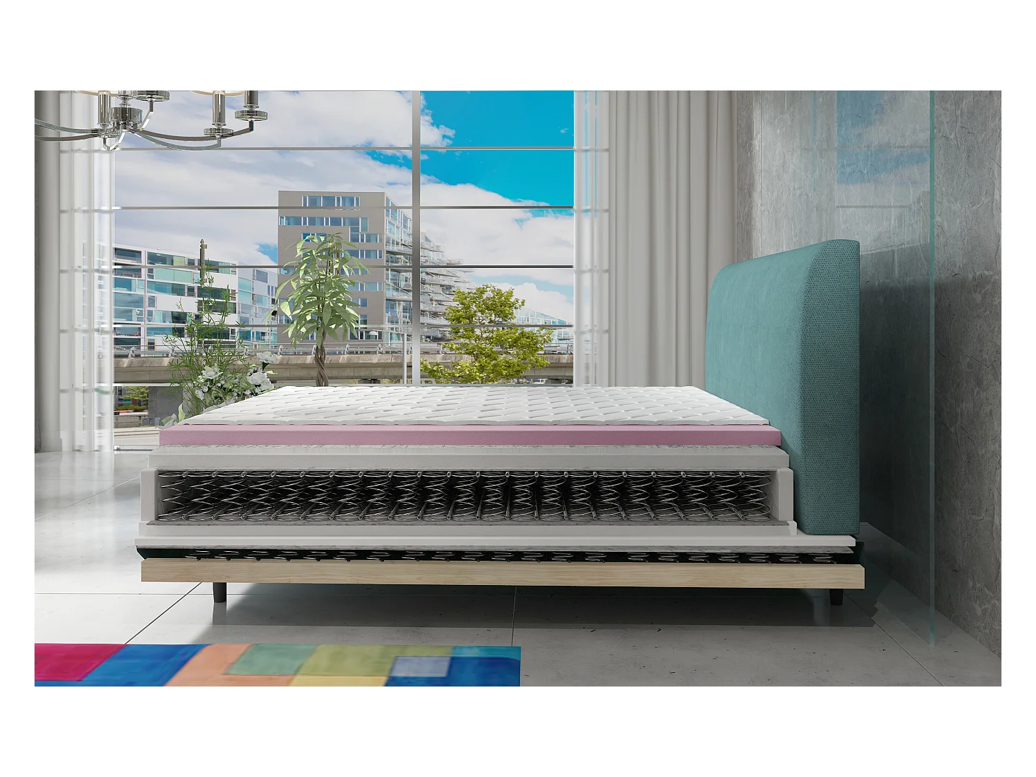 Lit continental moderne avec matelas velours bleu Brato-140x200