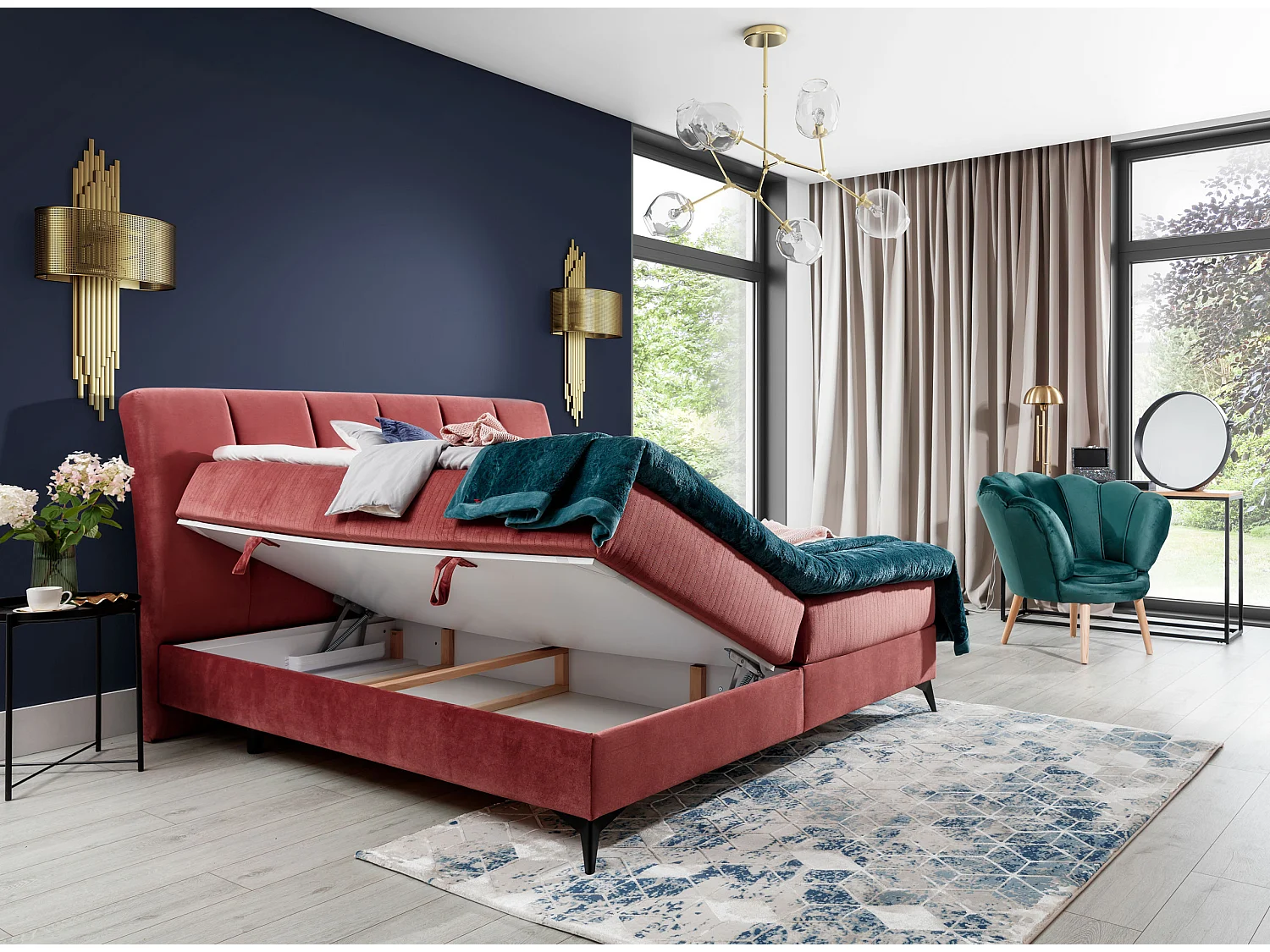 Lit continental moderne avec matelas velours bleu Brato-140x200