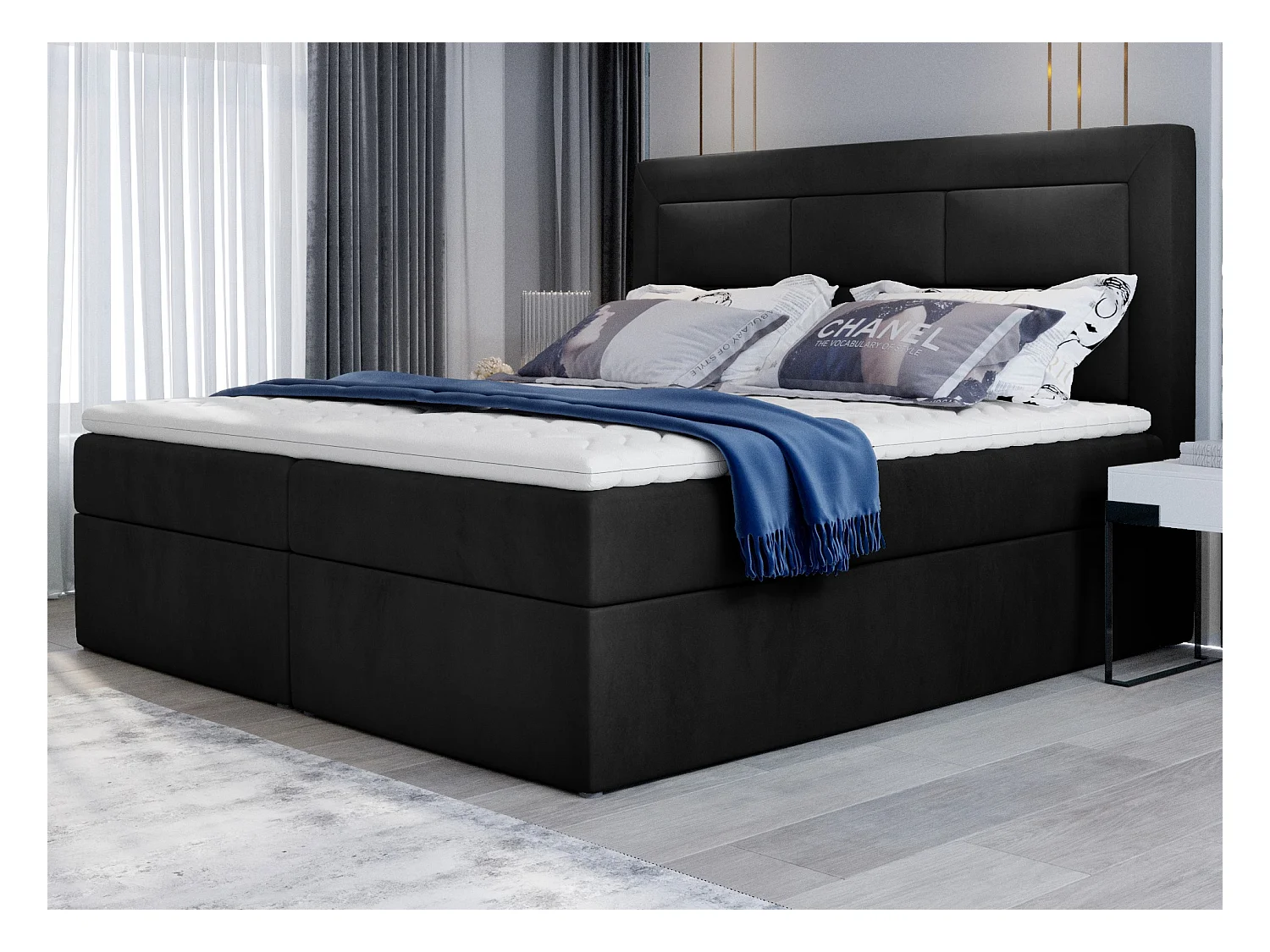 Lit continental velours noir Balore-Couchage 180x200 cm