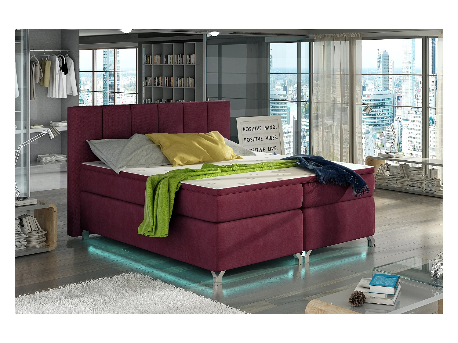 Lit boxspring 140x200 tissu bordeaux Balfor