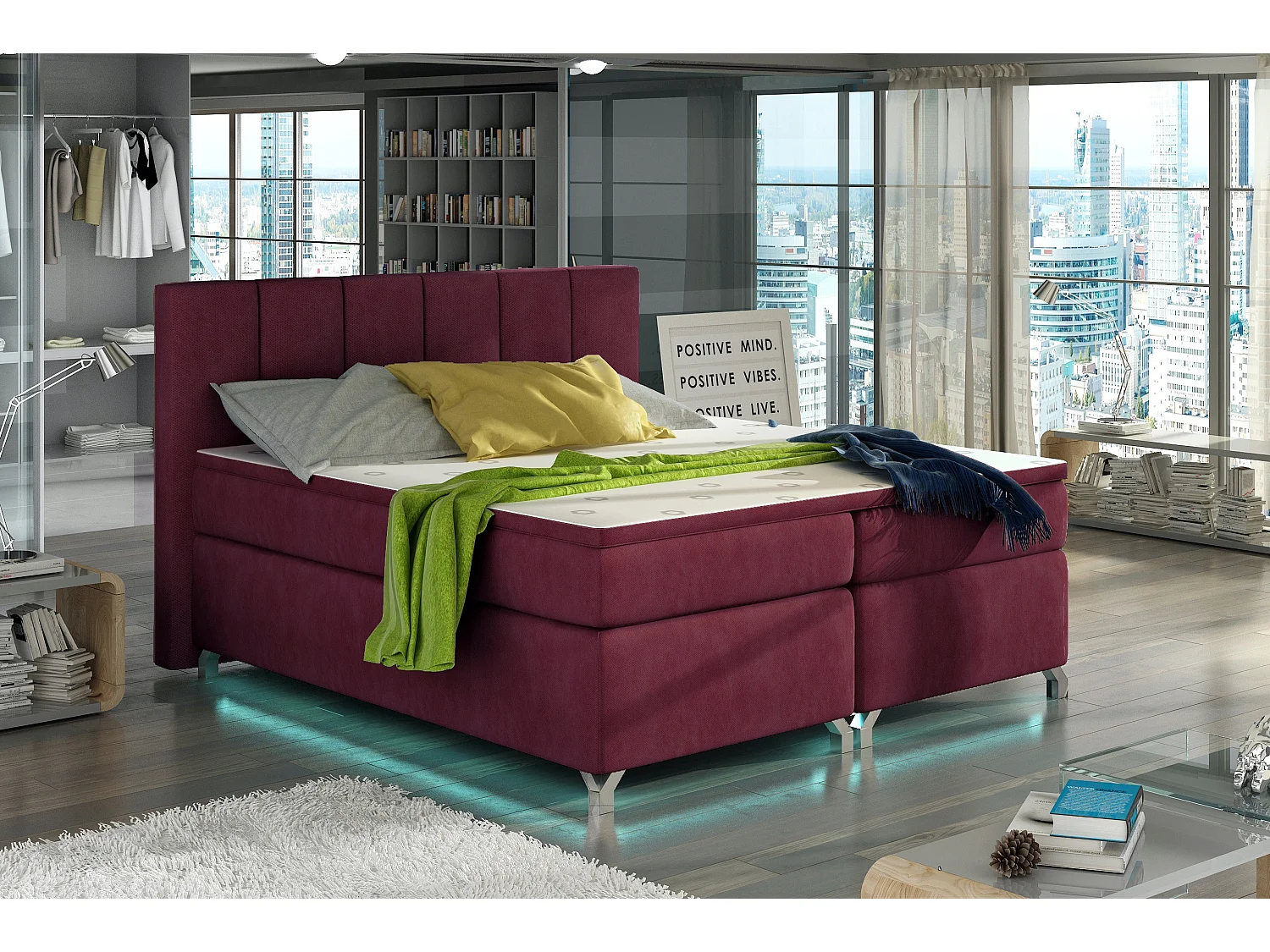 Lit boxspring 140x200 tissu bordeaux Balfor