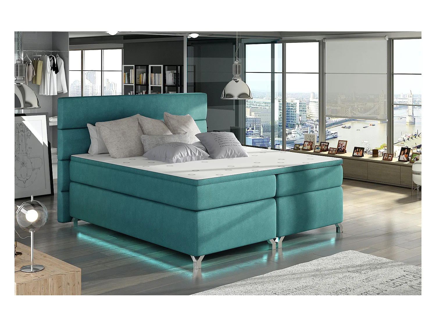 Lit boxspring 140x200 tissu vert émeraude Mador