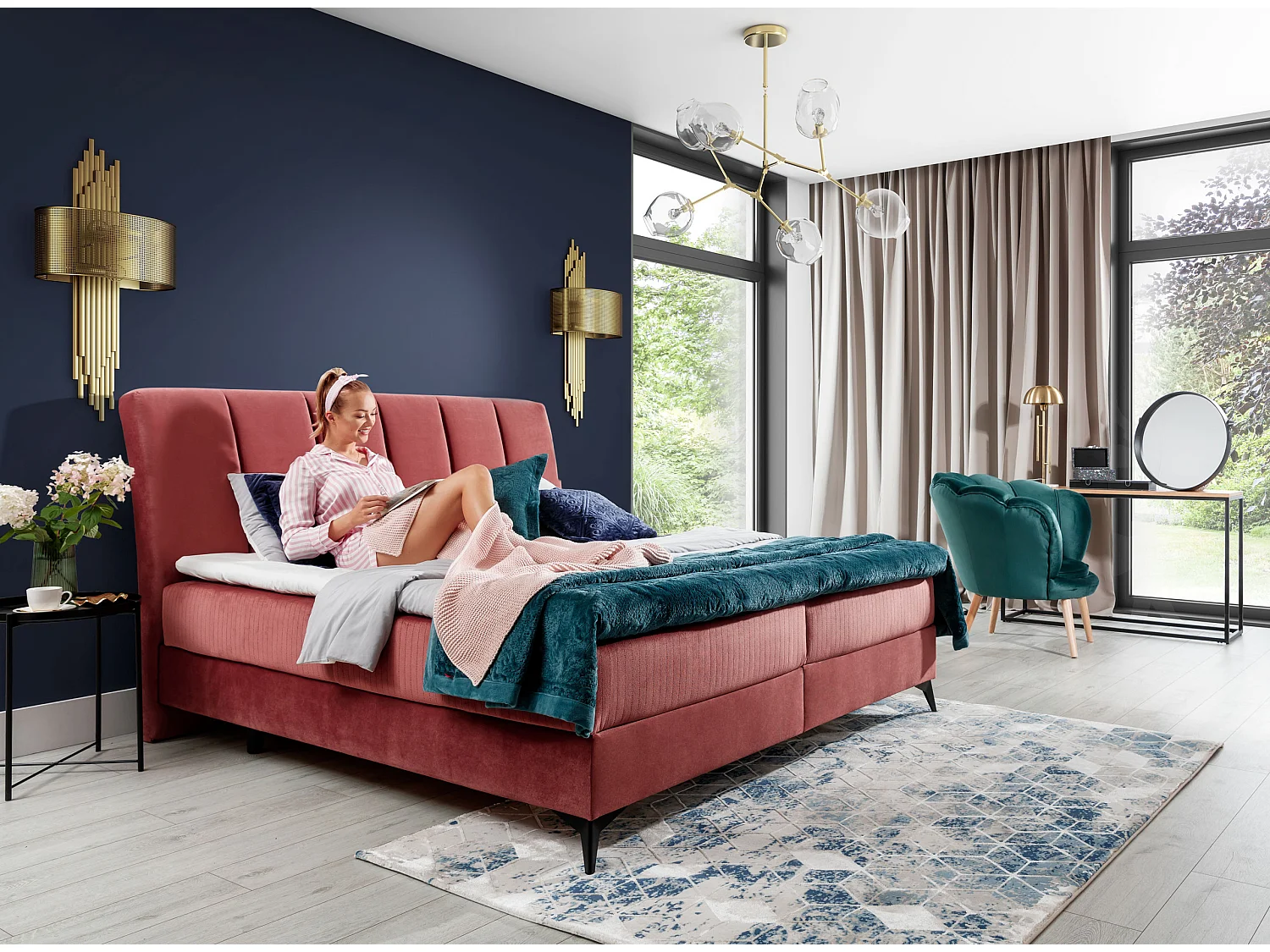 Lit continental moderne avec matelas velours abricot Brato-140x200