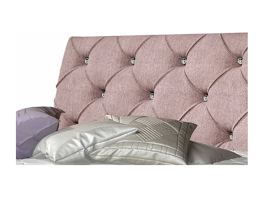 Lit design continental avec tête de lit capitonnée strass tissu rose Banky-140x200