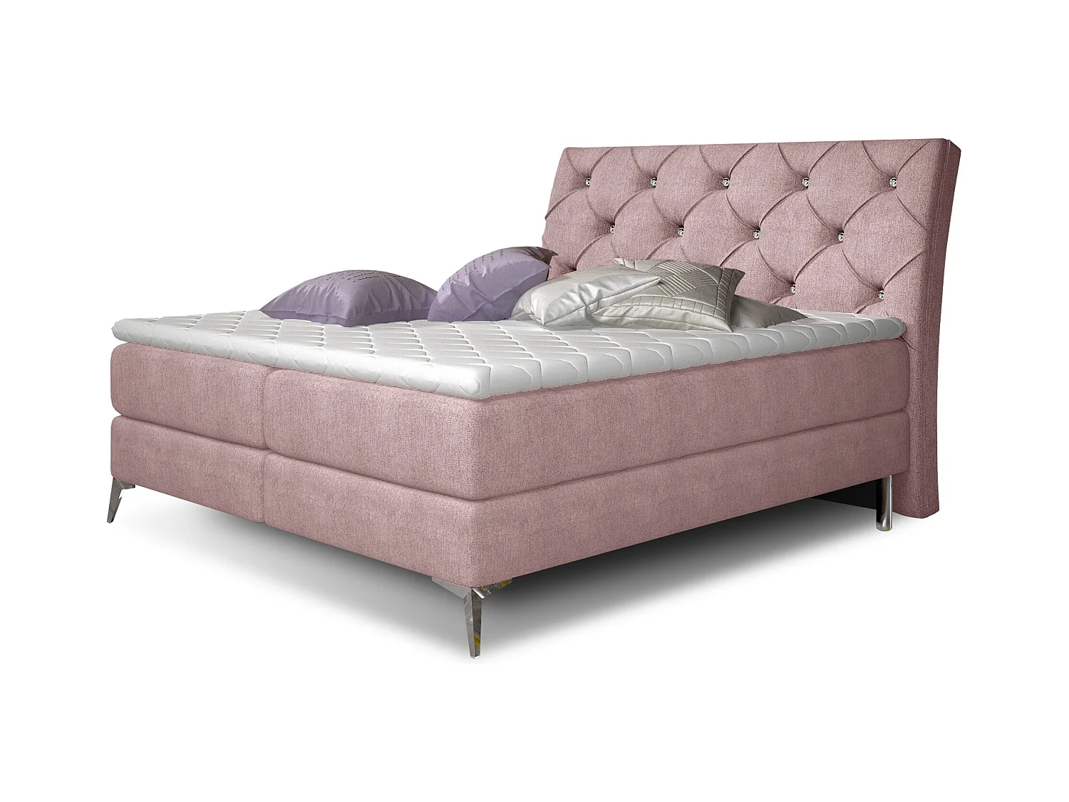 Lit design continental avec tête de lit capitonnée strass tissu rose Banky-140x200