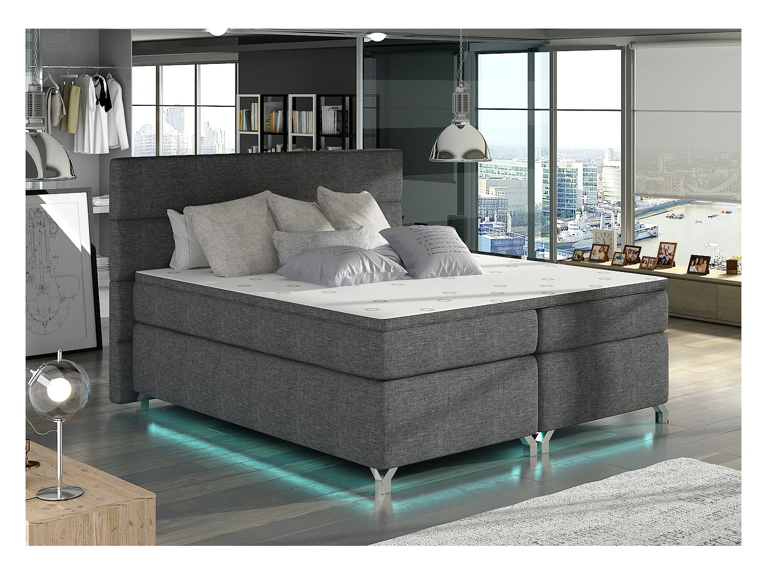Lit boxspring 160x200 tissu anthracite Mador