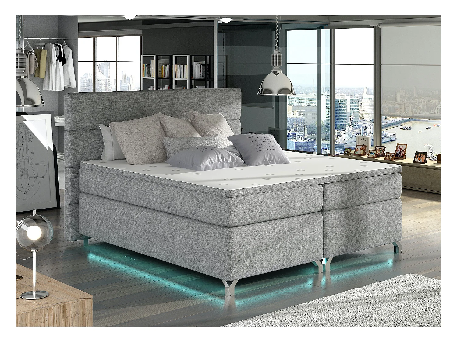 Lit boxspring 140x200 tissu gris clair Mador