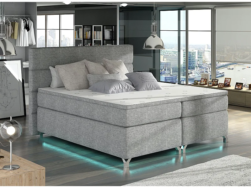 Lit boxspring 140x200 tissu gris clair Mador