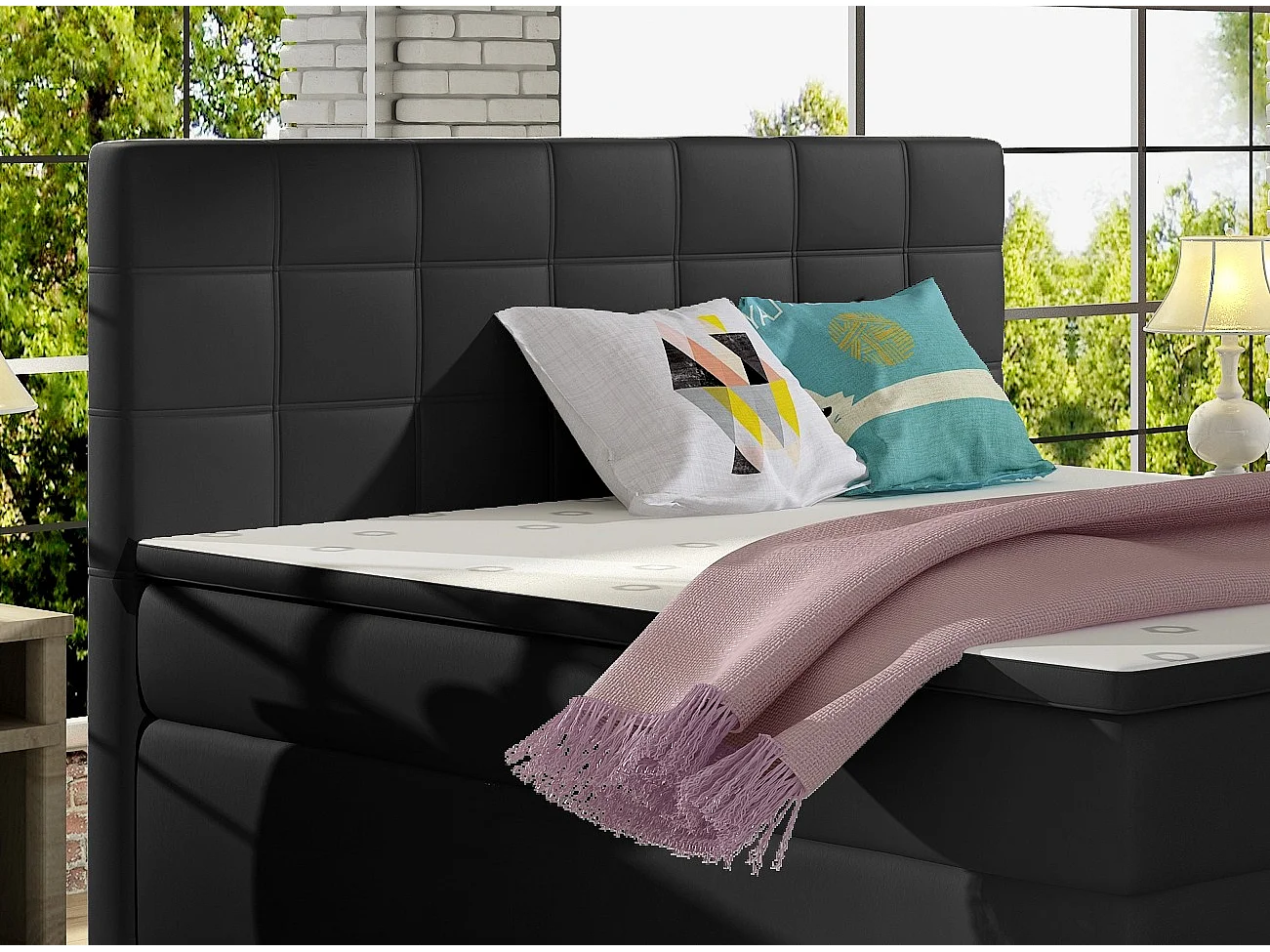 Lit chambre d'hôtel avec matelas simili cuir noir Alko-160x200