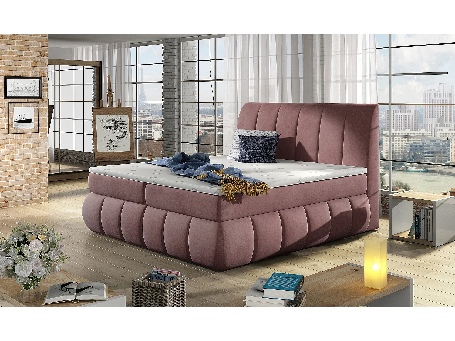 Lit continental matelassé velours rose Florencia-160x200