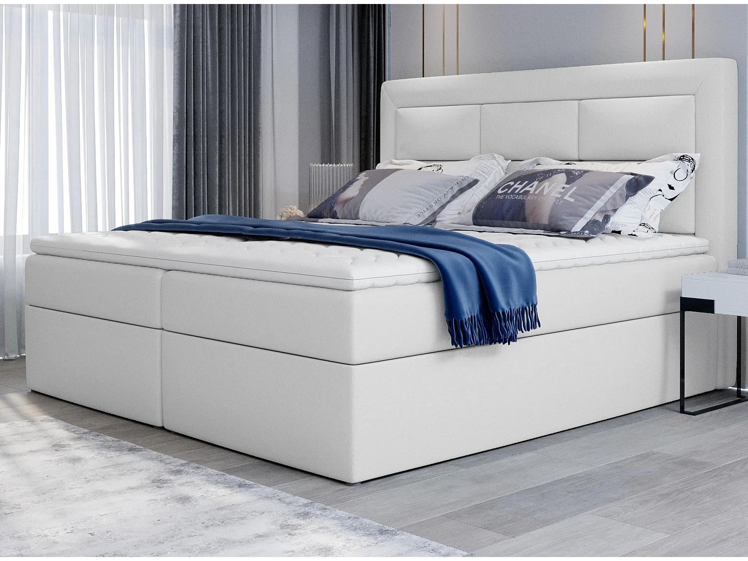 Lit continental simili cuir blanc Balore-Couchage 160x200 cm