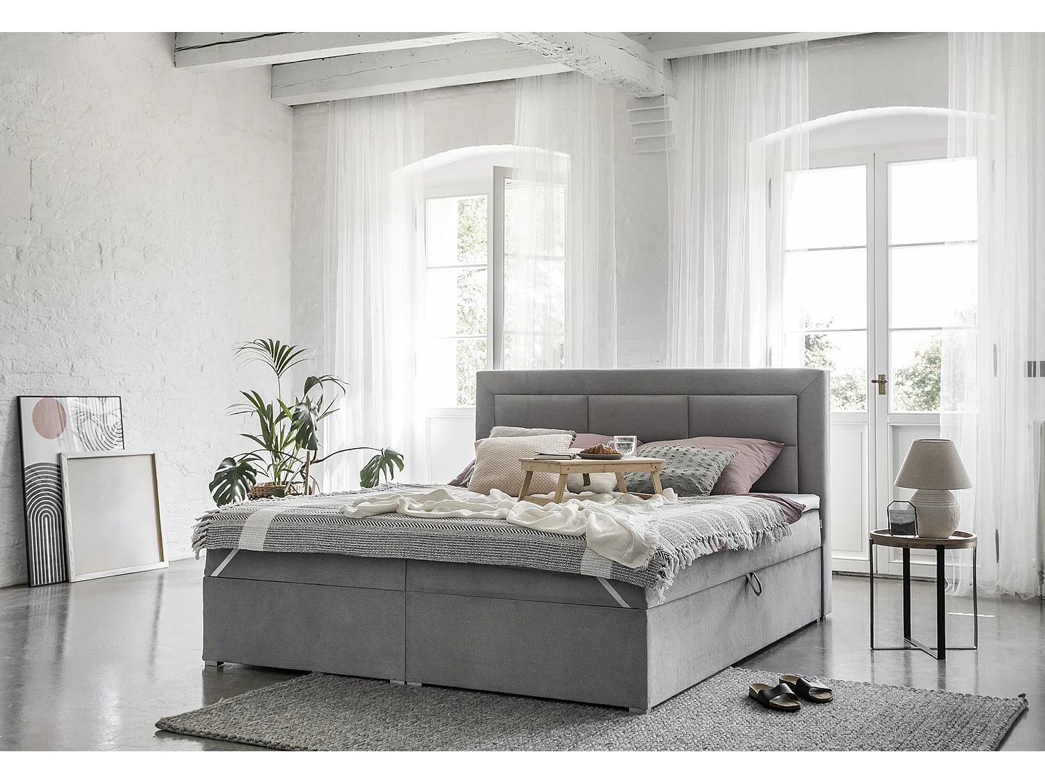 Lit continental simili cuir blanc Balore-Couchage 160x200 cm