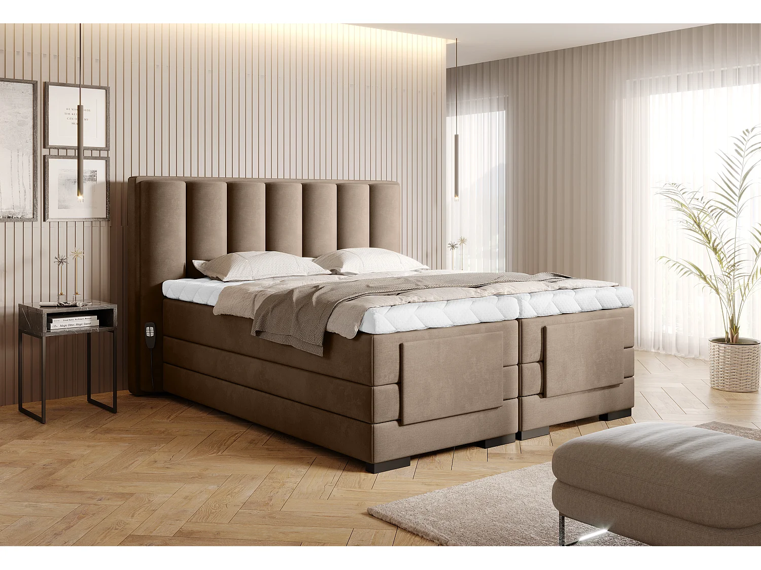 Lit boxspring électrique tissu beige avec matelas et surmatelas Arkos-160x200